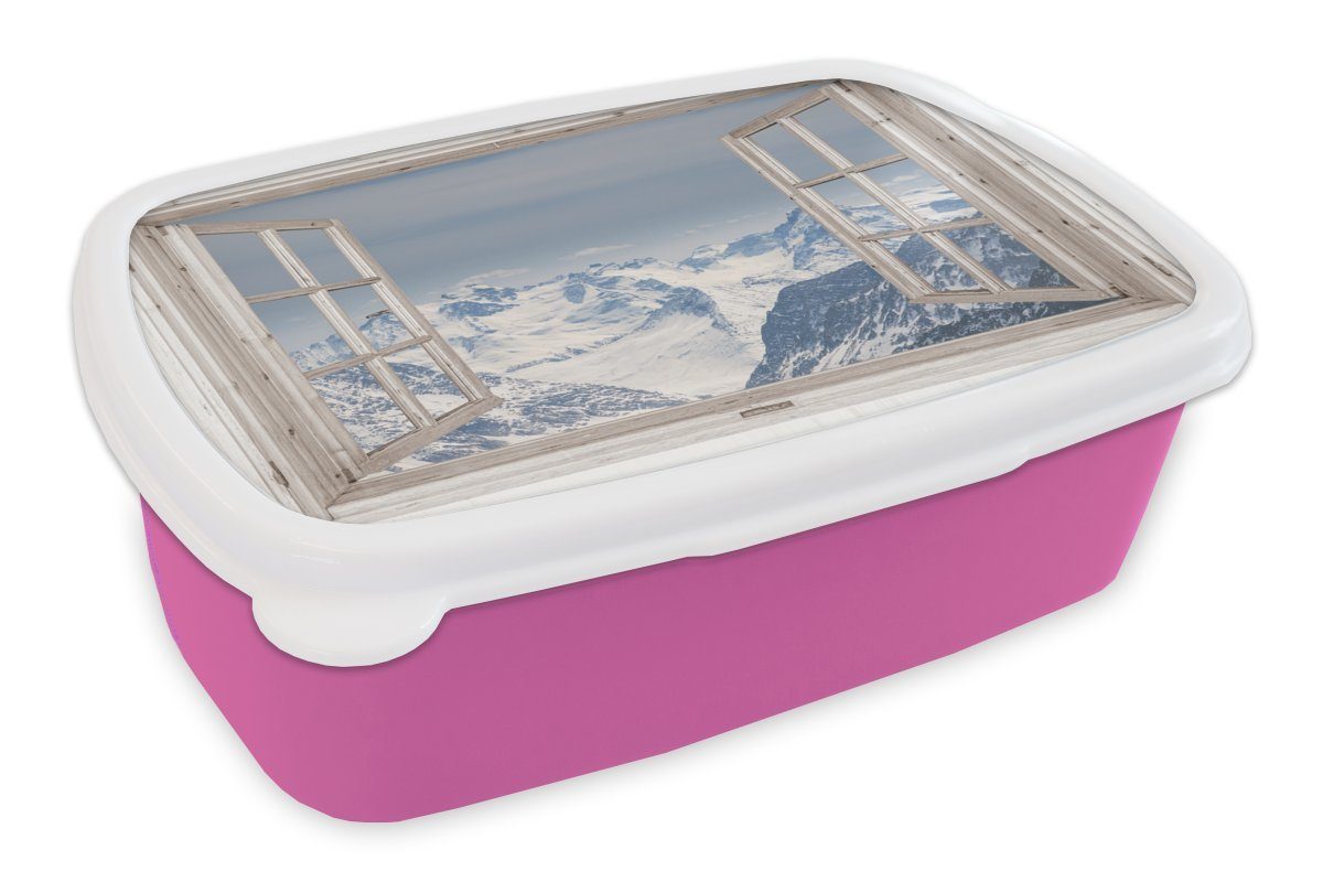 Mädchen, (2-tlg), Brotdose Kunststoff Berg - Erwachsene, MuchoWow Kinder, Snackbox, Schnee, Kunststoff, Lunchbox - rosa Brotbox für Aussicht