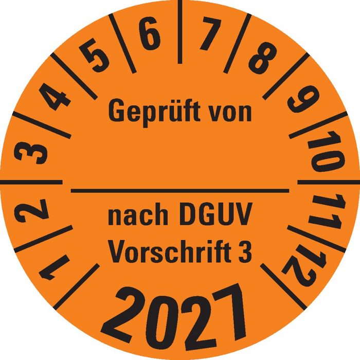 Dreifke Hinweisschild Dreifke® Prüfplakette Geprüft von nach DGUV 3 2027 orange Dokufolie Ø 30mm 108/Heft