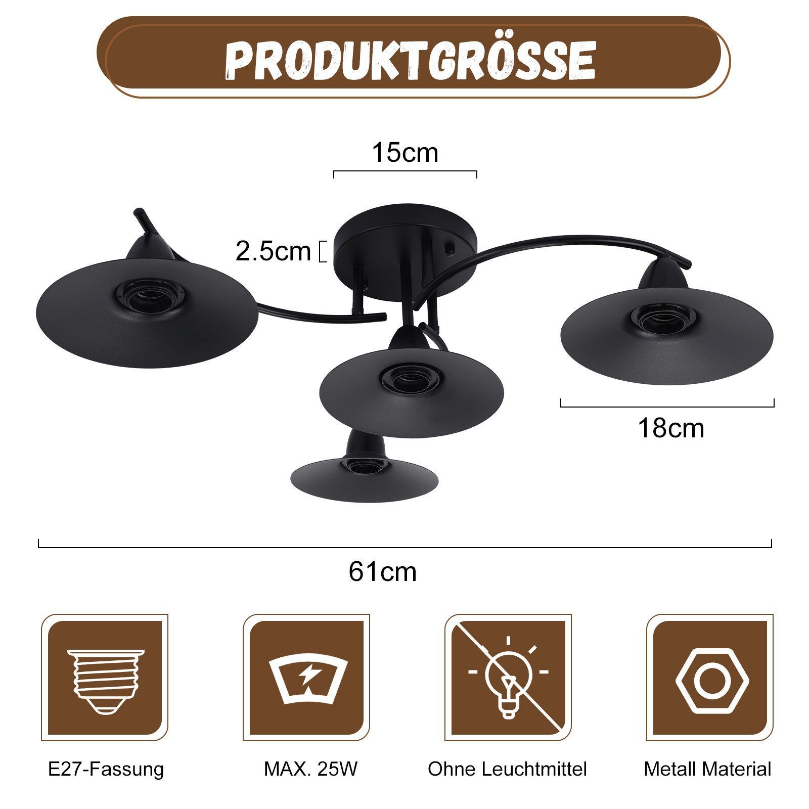 ZMH Deckenstrahler E27 Vintage Schwarz 4 Flammig Industriel Innen Schlaf Küchen modern, ohne Leuchtmittel, Deckenlamp Flur aus Eisen Strahler