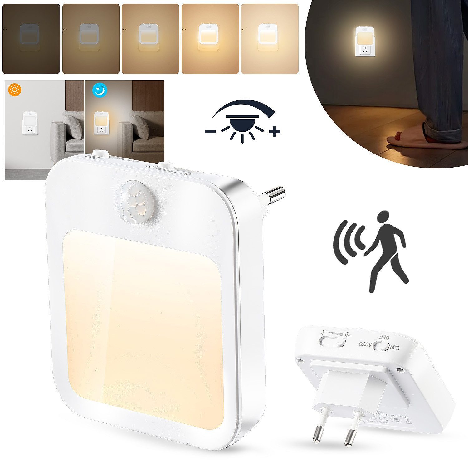 LETGOSPT LED Nachtlicht 1/2 Stück LED Nachtlicht Steckdose mit Bewegungsmelder, Einstellbar, 5 Helligkeitsstufen, LED fest integriert, Warmweiß, Helligkeit Einstellbar Orientierungslicht,für Flur, Schlafzimmer
