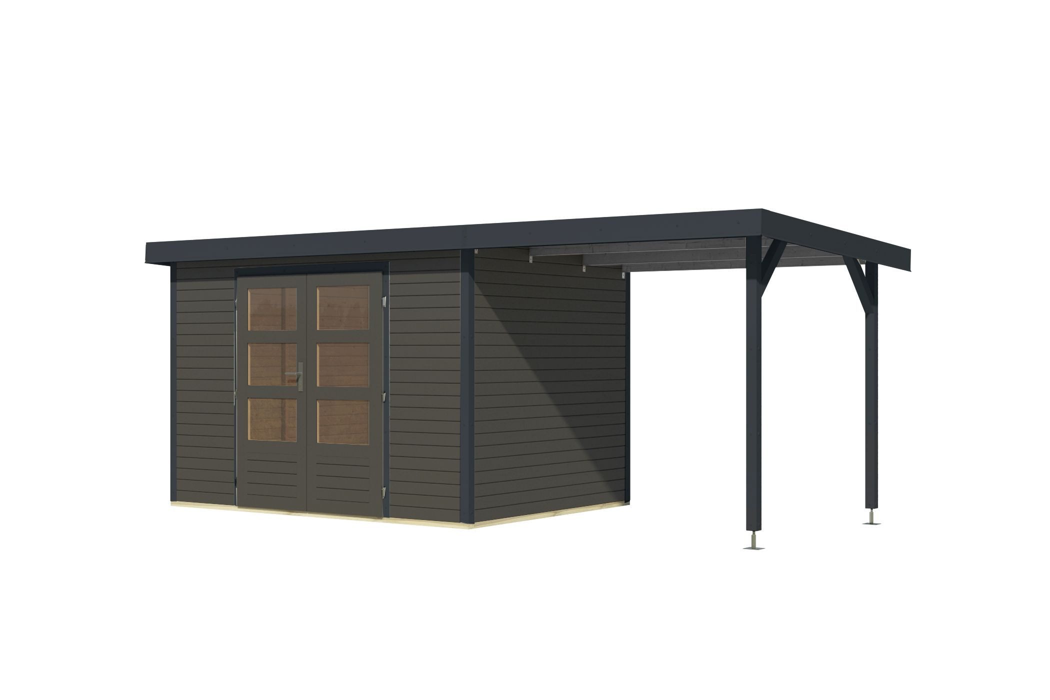 Karibu Gartenhaus Gartenhaus Hollywood in versch. Größen und Farben, opt. mit Anbaudach, BxT: 515x214 cm, (1 Stück, Gartenhaus Hollywood XXL mit Anbaudach, terragrau), Größe XXL mit Anbaudach, terragrau