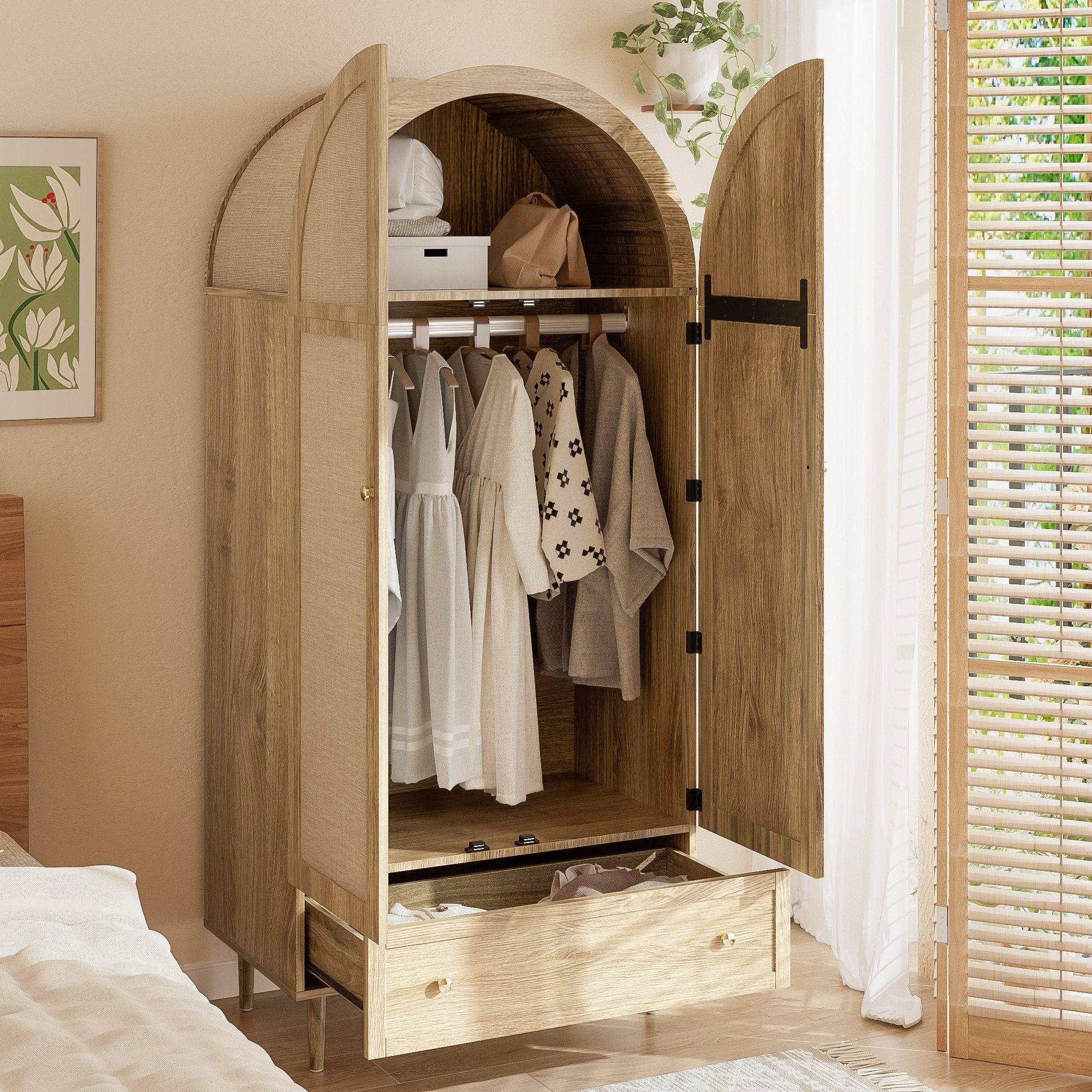 STILVORA Kleiderschrank mit Stofftüren&Schublade,Garderobe Aufbewahrungsschrank in Holzoptik (1-St)