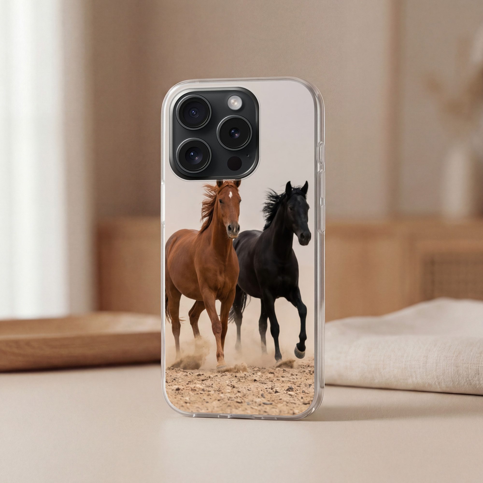 MuchoWow Handyhülle für Apple iPhone 15 Pro Pferdeherde - Staubwolke - Braun - Schwarz, Smartphone-Bumper, Print, Handy Schutzhülle Dünn