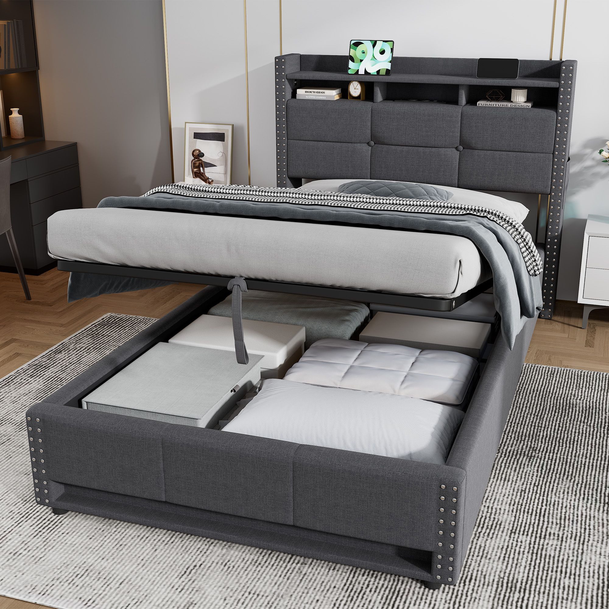 HAUSS SPOLE Polsterbett 90×200 Jugendbett mit Bettkasten,Einzelbett aus Leinen,Grau (Funktionsbett Stauraumbett mit Leinenbezug und gepolstertem Kopfteil, ohne Matratze), Jugendbett mit Polsterrahmen für Schlafzimmer