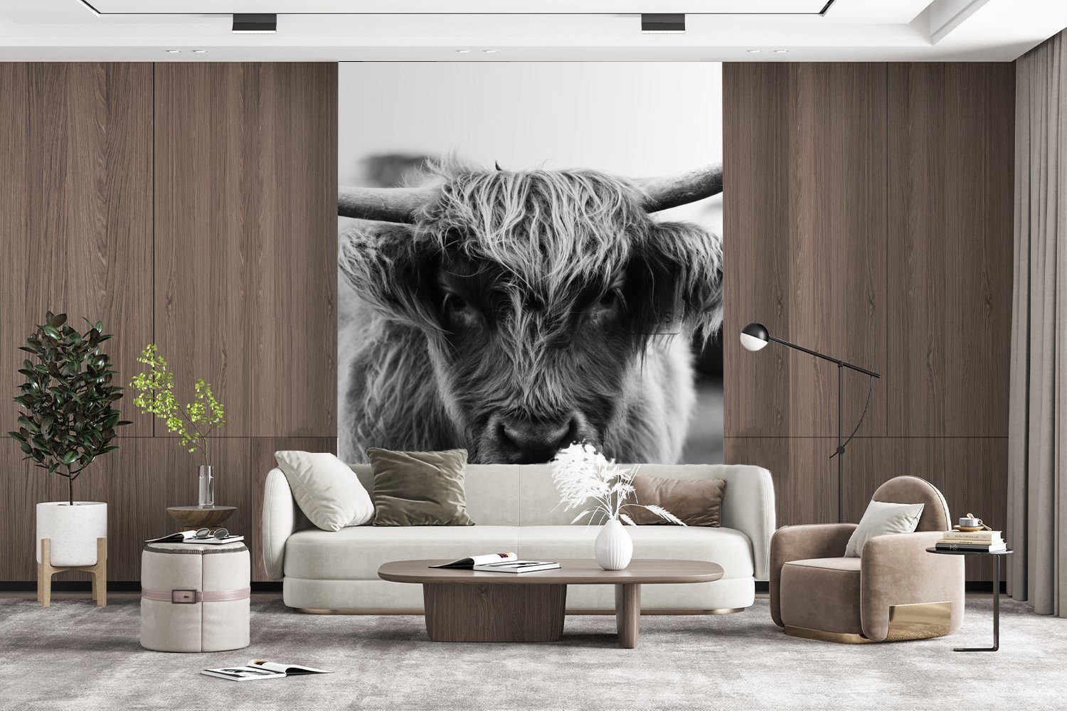 Fototapete St), Wandtapete Tiere - Wohnzimmer, Tapete Natur, bedruckt, für (4 - Schottischer Montagefertig Vinyl MuchoWow - Matt, - Kuh Highlander Gras