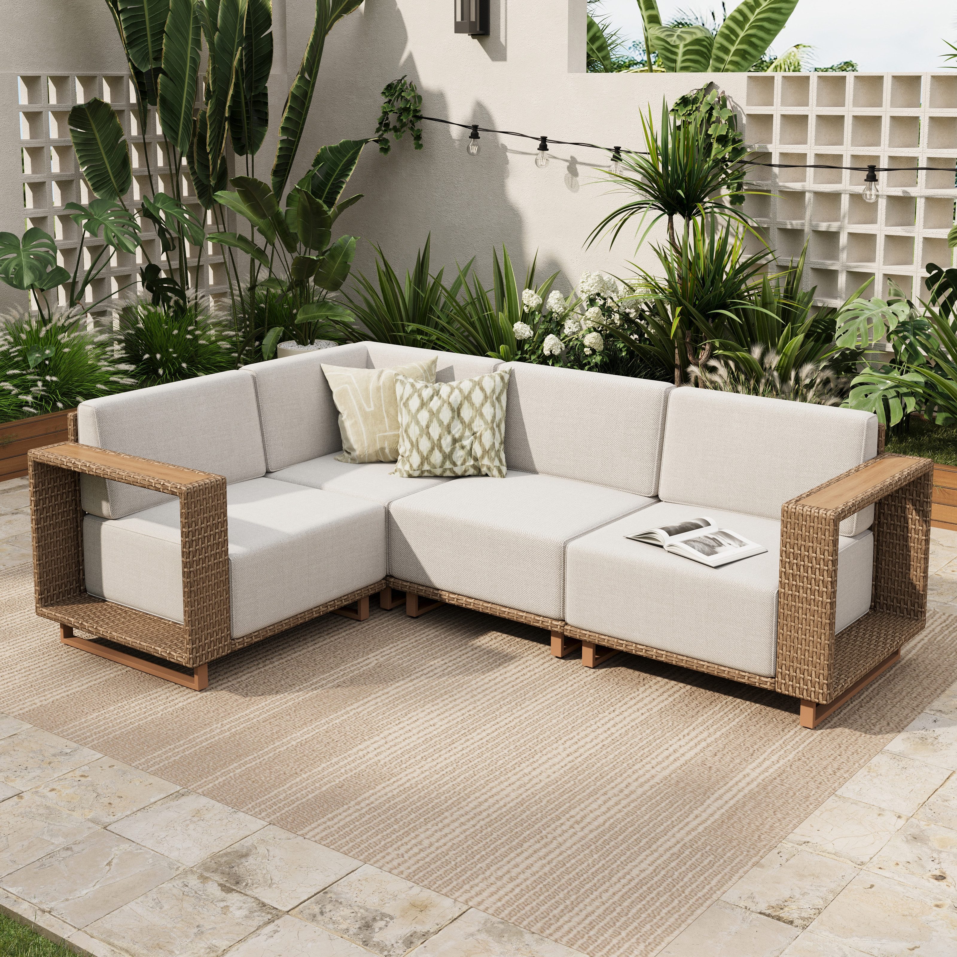 PHI VILLA Gartenlounge-Set, (Rattan Gartenmöbel Set Balkonmöbel, Allwetter Gartensofa Terassenmöbel Außen mit Dicken Weißen Kissen), Lounge Möbel Outdoor Sofa Sets für Garten und Terrasse