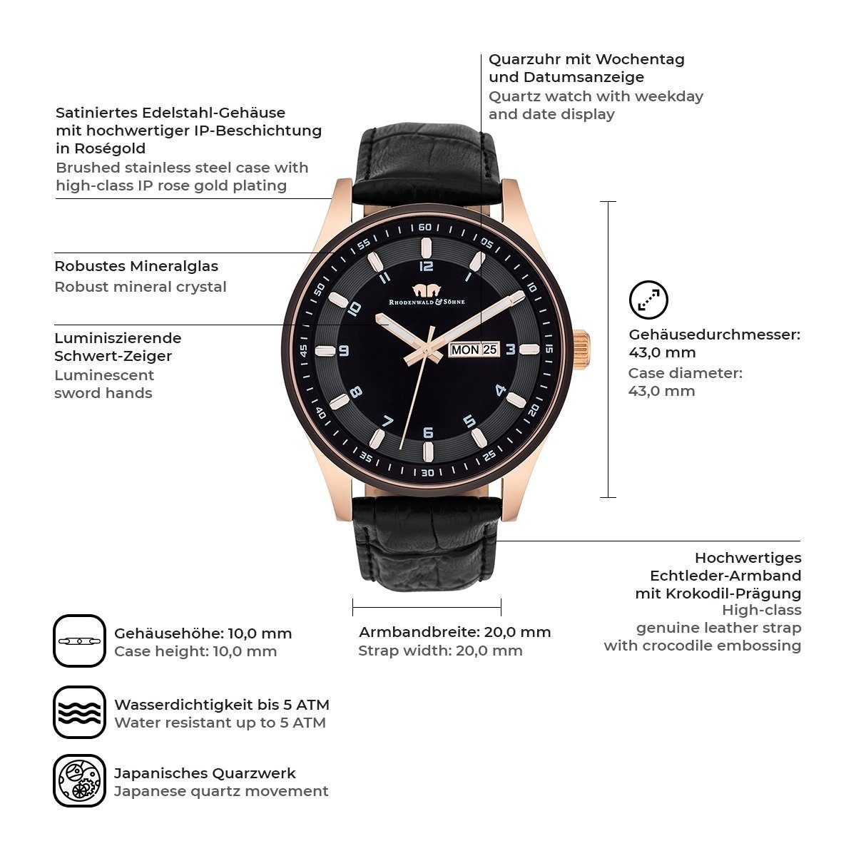 Rhodenwald & Söhne Quarzuhr Couragian schwarz, mit Echtleder-Armband günstig online kaufen