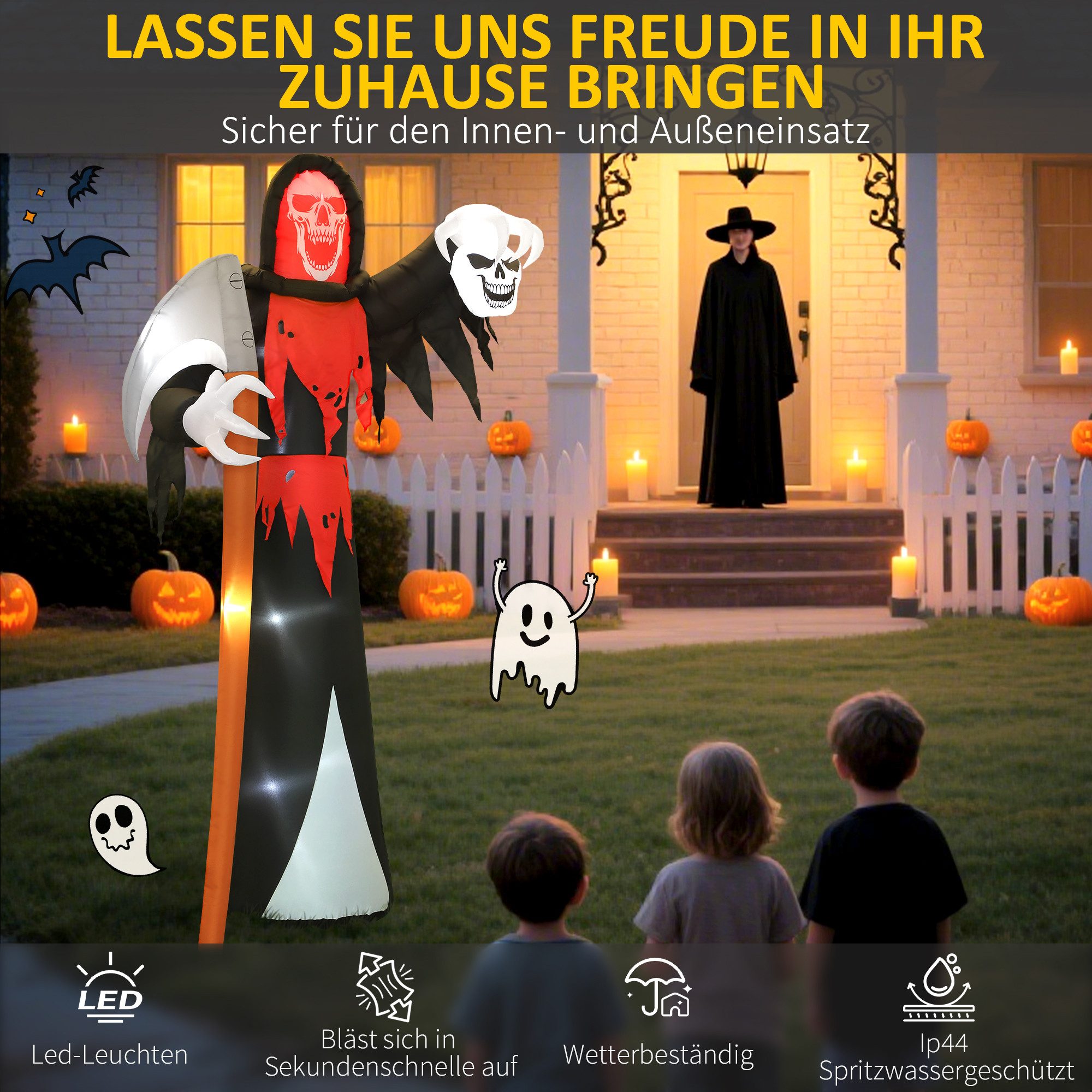 Outsunny LED-Dekofigur Halloween-Dekoration 3,7 m riesiger Sensenmann selbstaufblasend (Aufblasbarer Halloween-Sichelgeist, 1 St., Halloween-Todessichel), für d – Bild 5 von 5