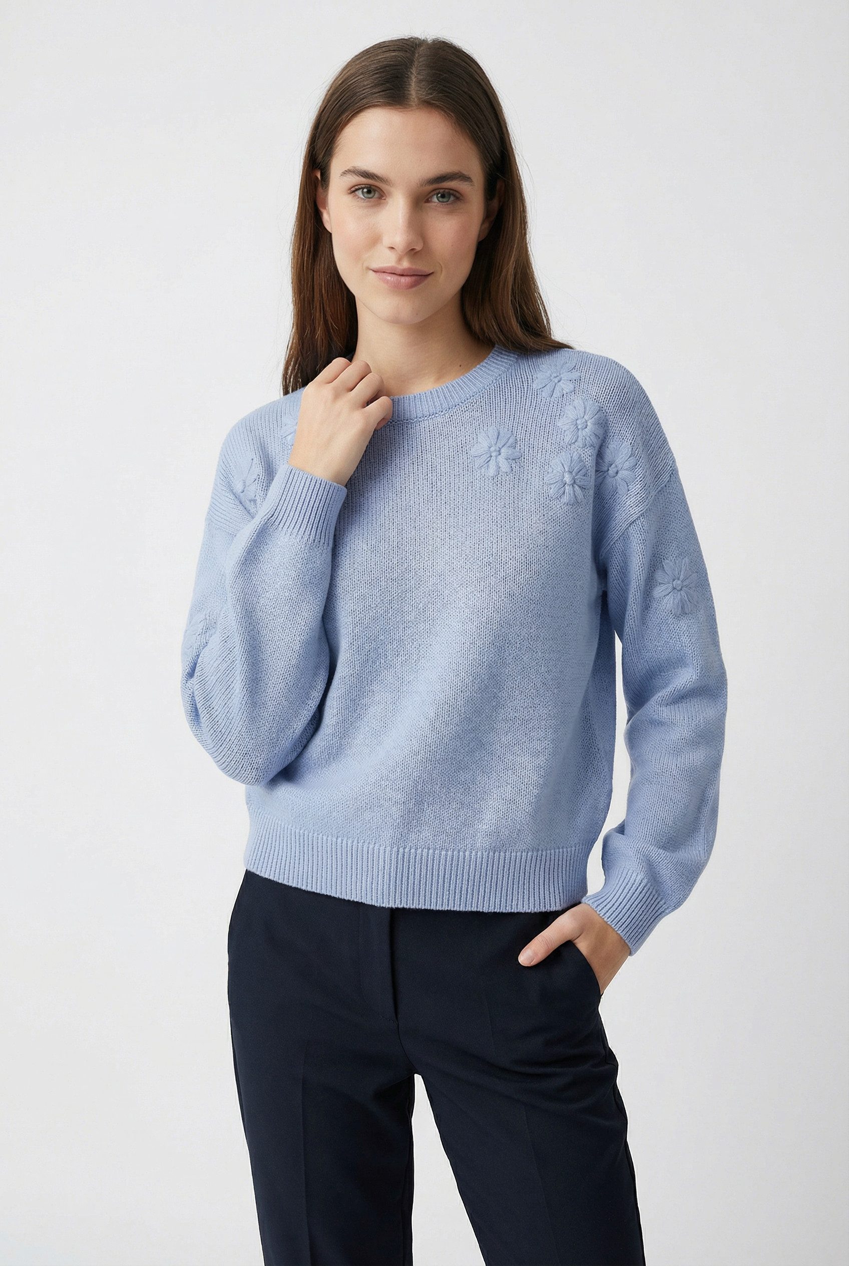 Vero Moda Strickpullover VMDAISY EMB LS O-NECK PULLOVER BOO mit zartem Blumenmuster