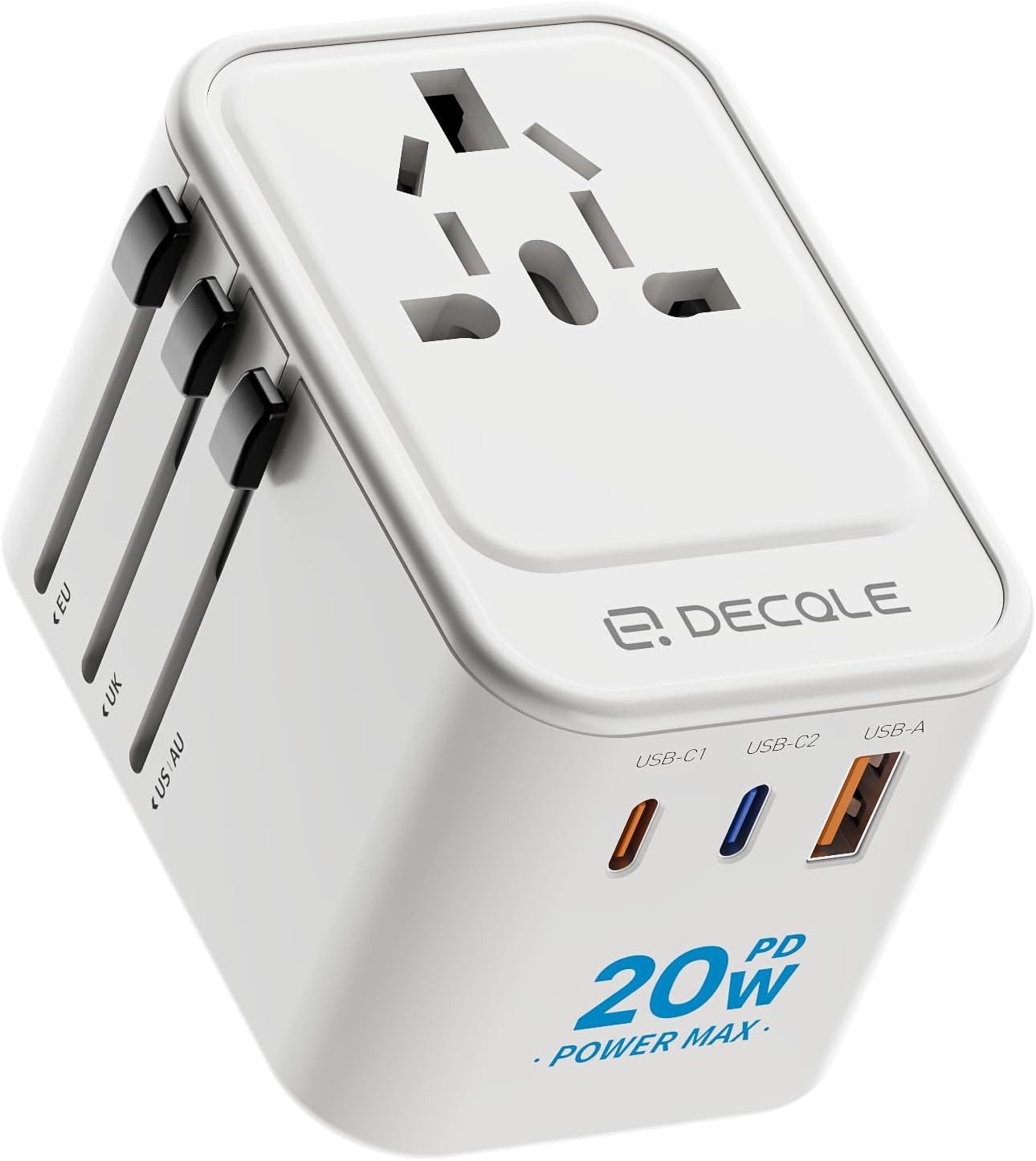 LaCute Universal Reiseadapter Weltweit mit USB-C PD 20W Ladefunktion Reiseadapter EU, AU, UK, US zu AC Steckdose, USB-C PD 20W, 3 USB Anschlüsse, 4 Steckertypen, weltweit nutzbar