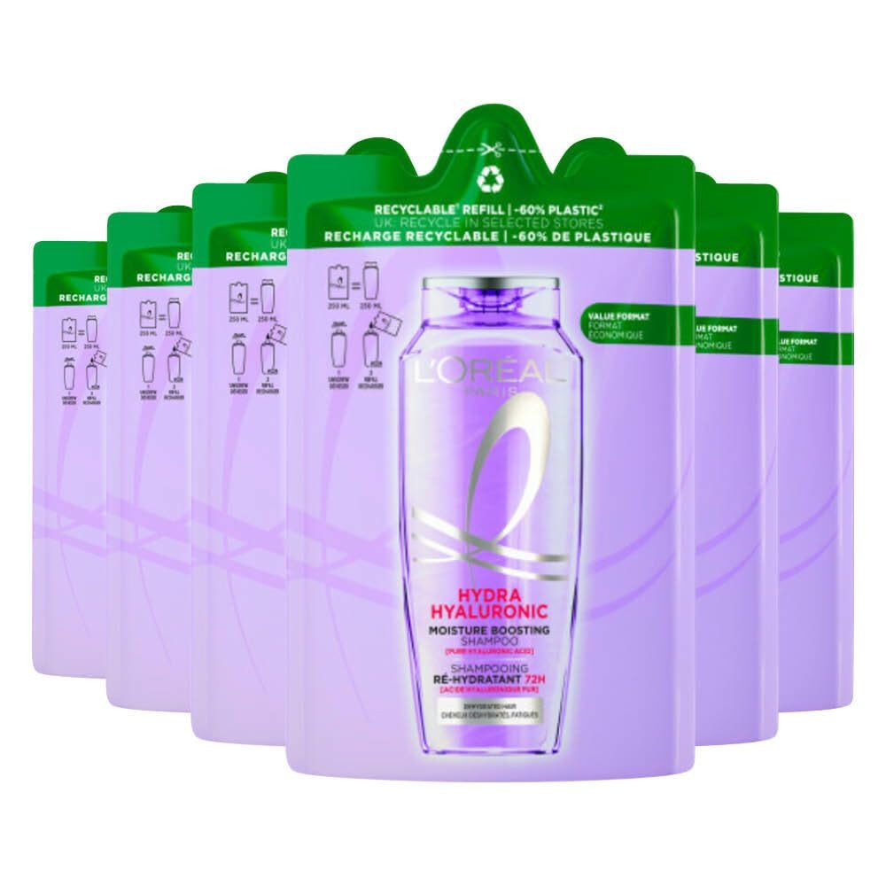 L'ORÉAL PARIS Haarshampoo ELVITAL HYDRA HYALURONIC SHAMPOO NACHFÜLLPACK, Packung, 6-tlg., Hyaluronsäure für trockenes Haar, Feuchtigkeitsspendend