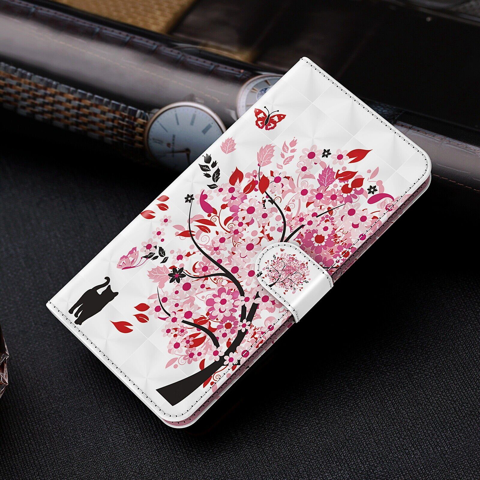 CLM-Tech Handytasche für Samsung Galaxy A57 5G Hülle aus PU Leder Klapphülle (Baum rosa weiß, 1-tlg., Flip Case), Magnetverschluss, Standfunktion und Kartenfäch – Bild 5 von 5