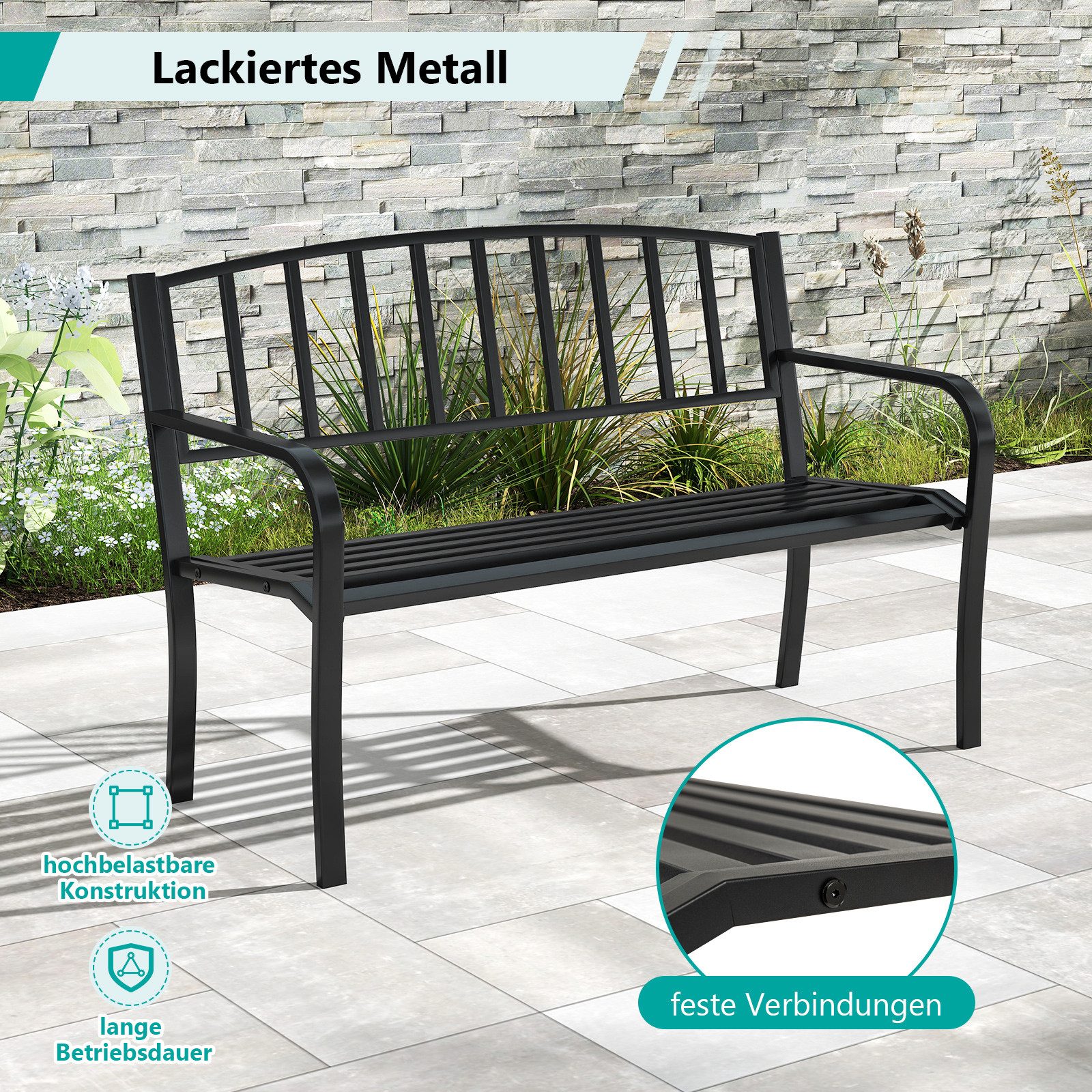 COSTWAY Gartenbank, Sitzbank 3-Sitzer aus Metall bis 300kg belastbar, 127cm
