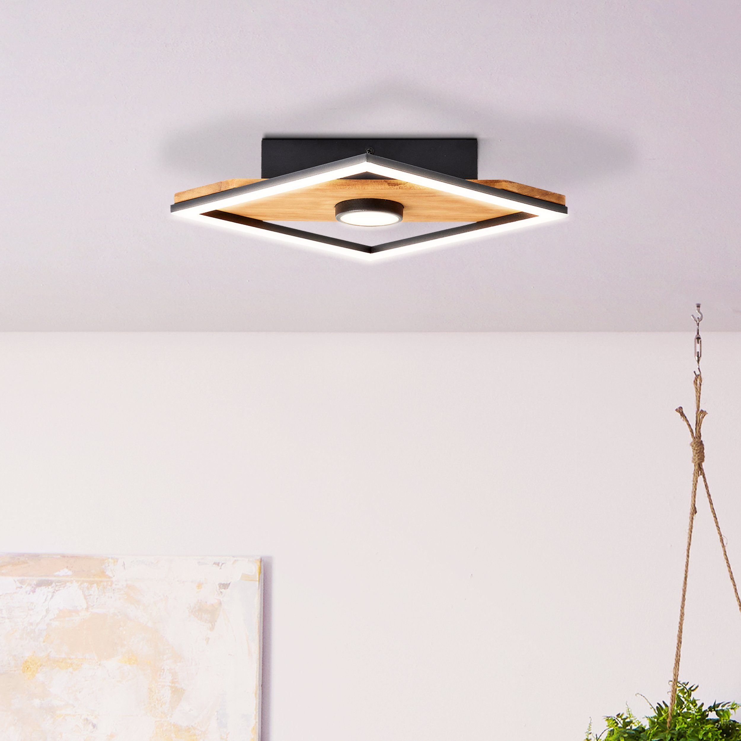 Lightbox LED Deckenleuchte, LED fest integriert, warmweiß, LED Deckenlampe im Nature Stil mit Holzakzenten, 25 x 25 cm