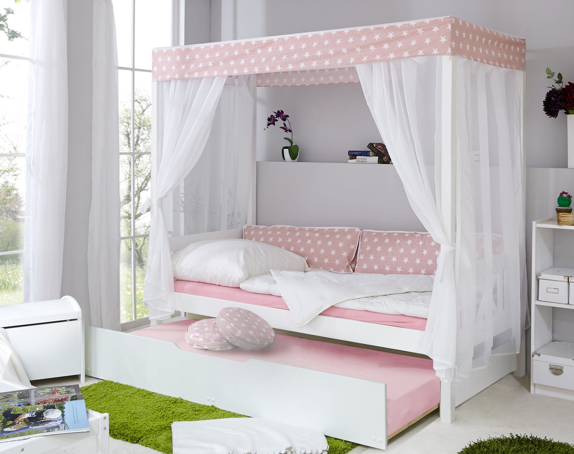 Ticaa Himmelbett Himmelbett "Rosa" 310 Kiefer Weiß (Rosa/Weiß, Oberer Teil abnehmbar und als Einzelbett stellbar