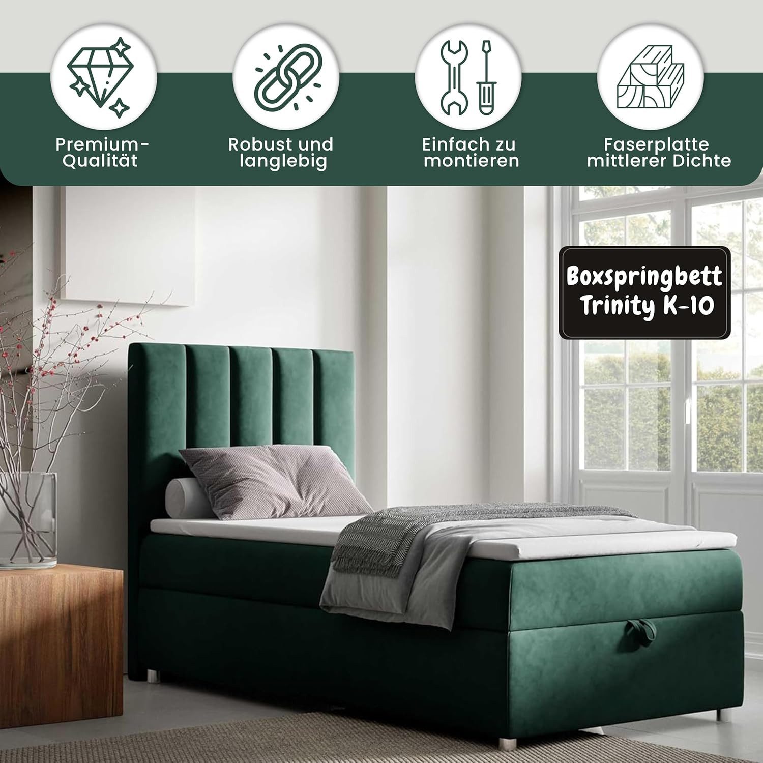 Best for Home Boxspringbett Trinity K10 SINGLE mit Bettkasten & Bonellfederkern, Komfort Topper H3 (Einzelbett, Polsterbett gepolstertes Kopfteil, Jugendbett, Kinderbett versch. Größen, 70x200 80x200 90x200 100x200 cm), mit oder ohne Topper, Flexible Liefermöglichkeiten, Handwerksqualität