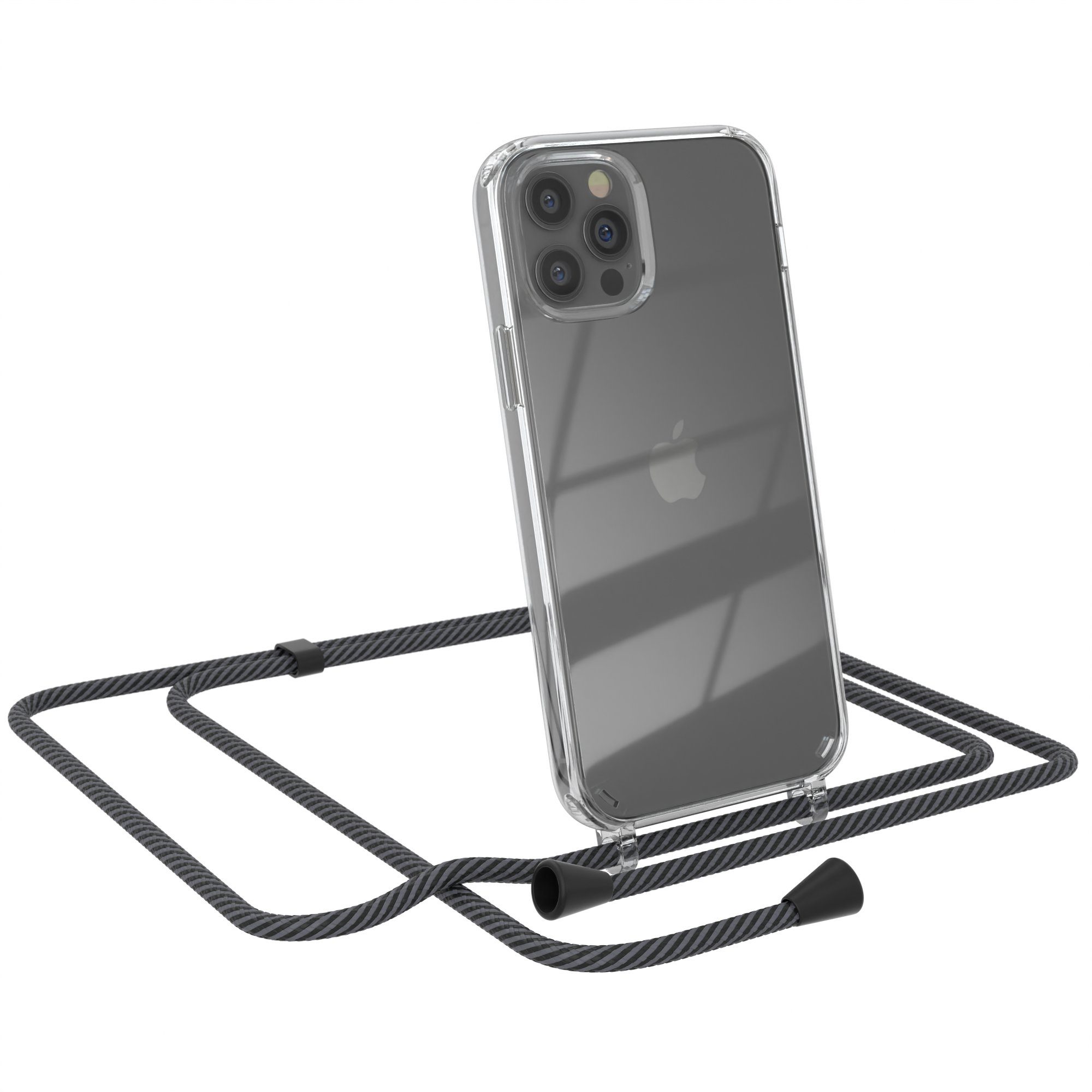 EAZY CASE Handykette Kette Clips Schwarz für Apple iPhone 12 / 12 Pro 6,1 Zoll, Handykette mit Schnur Cross Bag für Mann Frau Festivalbag Grau Schwarz