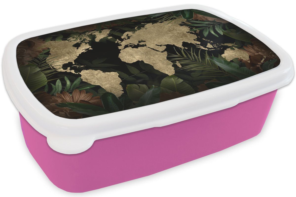 MuchoWow Lunchbox Weltkarte - für Mädchen, Erwachsene, Snackbox, rosa Kunststoff (2-tlg), Kunststoff, Brotbox Pflanzen, - Brotdose Kinder, Vintage
