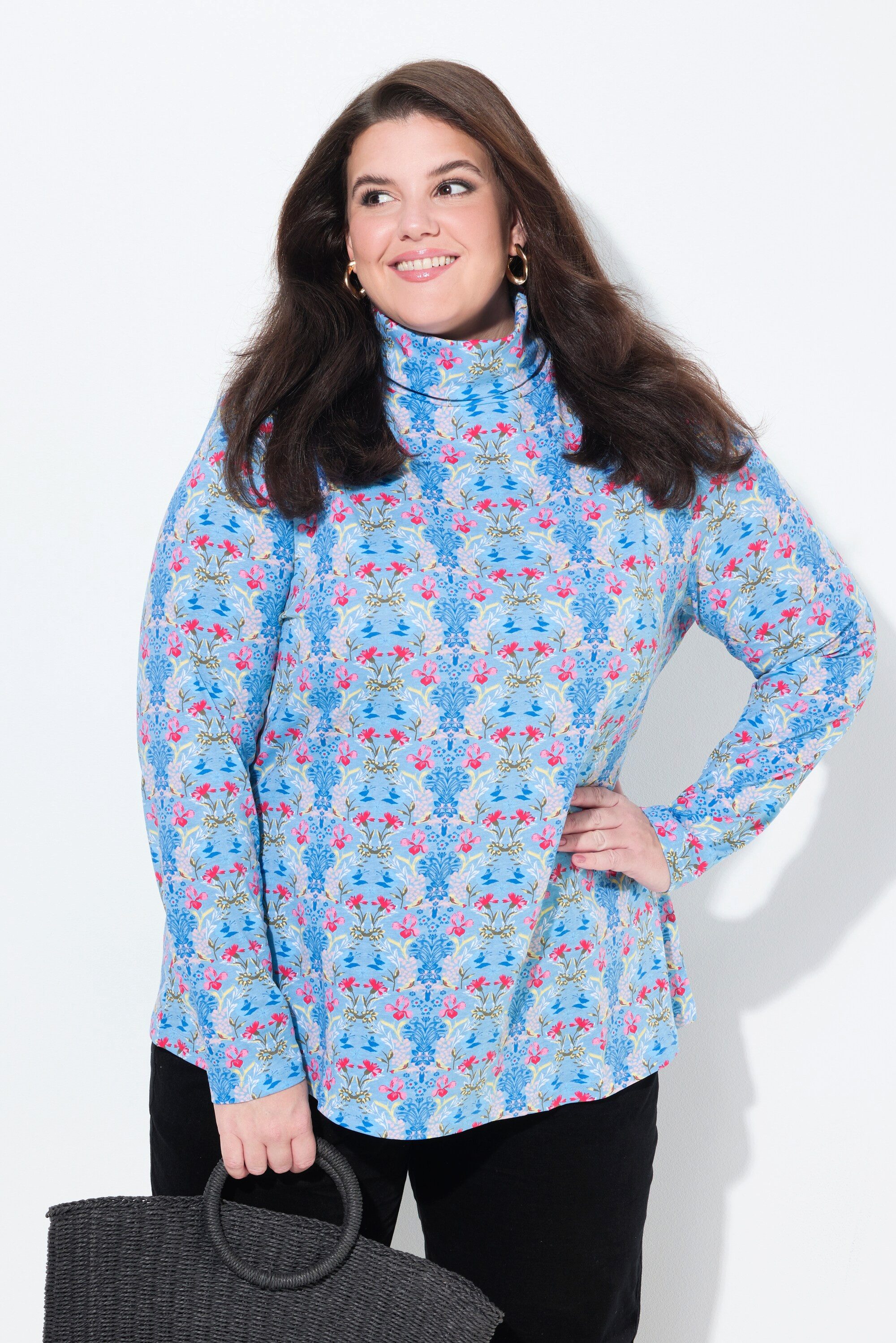 Ulla Popken T-Shirt Shirtrolli floraler Druck Rollkragen Langarm