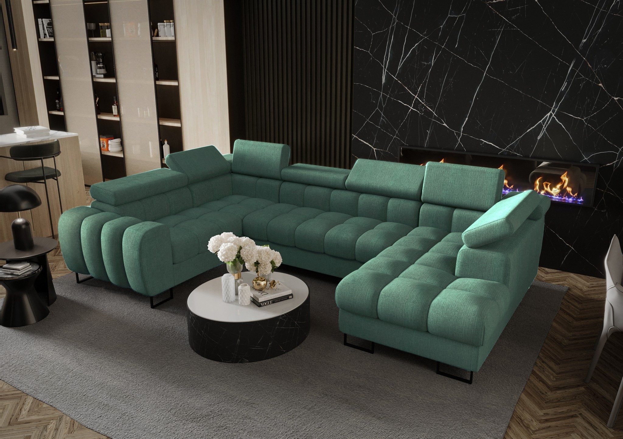 Fun Möbel Wohnlandschaft Schlafsofa BASTIEN mit Ottomane in Stoff, inkl. Bettkasten, mit Rundumbezug, ausziehbare Liegefläche