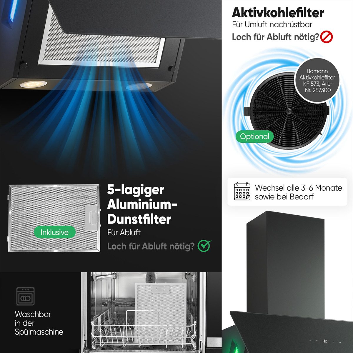 BOMANN Kopffreihaube DU 7611 G Dunstabzugshaube 60cm, für Umluft und Abluft – Bild 5 von 5