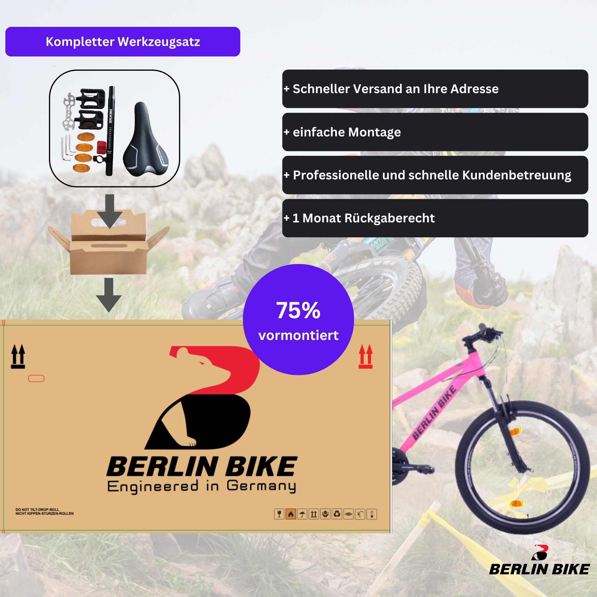 BERLIN BIKE 24-inch Mountain Bike with Aluminum Frame – Pink, 21-speed Shimano RD-TY300/TY500 derailleur, (Aluminum frame & V-brakes – lightweight, stable, safe, with complete tool kit), with 24" x 2.10" pneumatic tires, ideal for off-road and everyday use