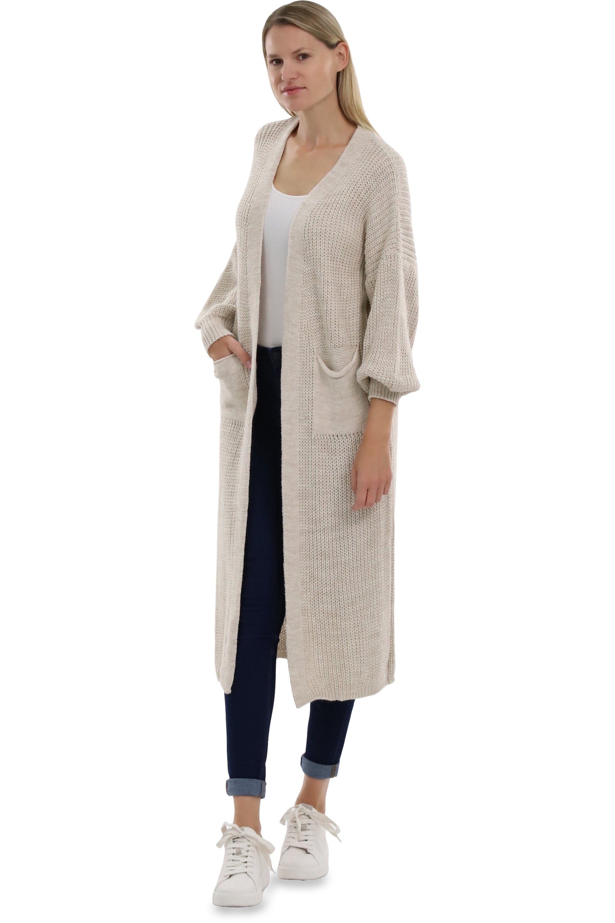 malito more than fashion Longstrickjacke malito Damen Strickmantel, schicker Cardigan, moderne Wollmantel, offene lange Strickjacke in Grobstrick-Optik