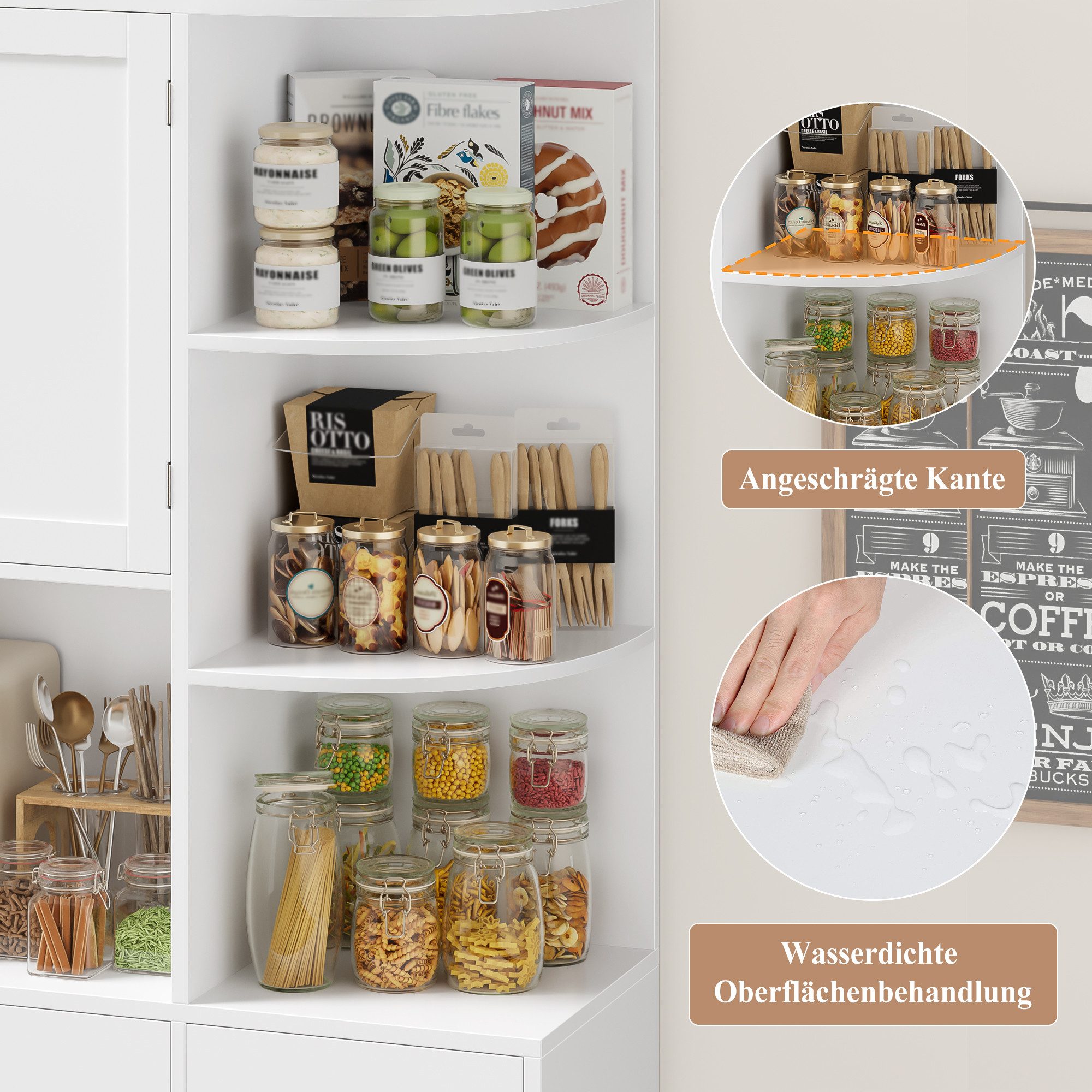HOMECHO Küchenbuffet 177cm Hohe Buffetschrank Weiß mit 5 Türen und 3 Eckregal – Bild 5 von 5
