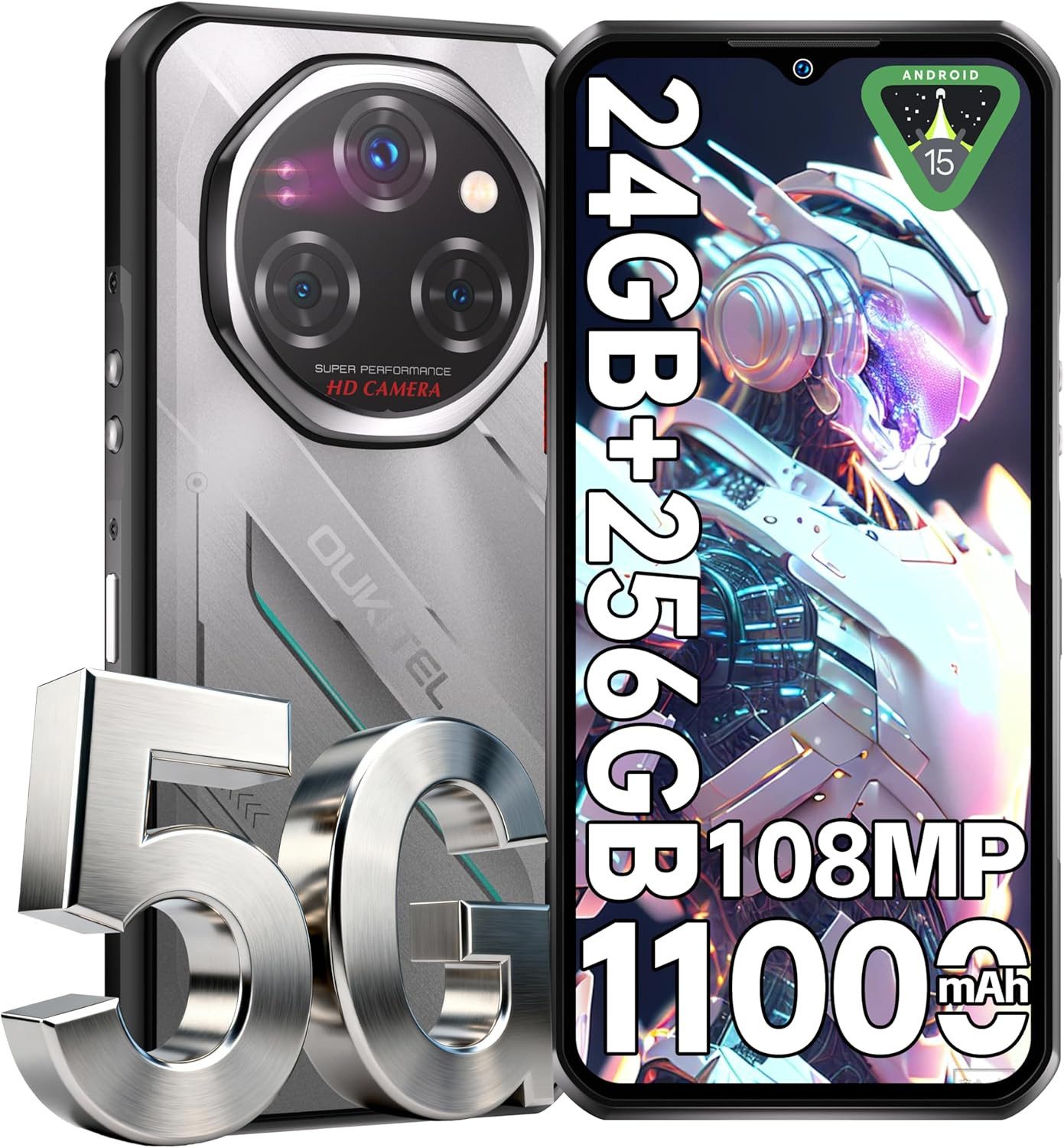 OUKITEL WP62 5G Android 15 Outdoor Smartphone (16,76 cm/6.6 Zoll, 256 GB Speicherplatz, 108 MP Kamera, 24GB+256GB, IP68 Baustellenhandy, 11000mAh, NFC, OTG, GPS)