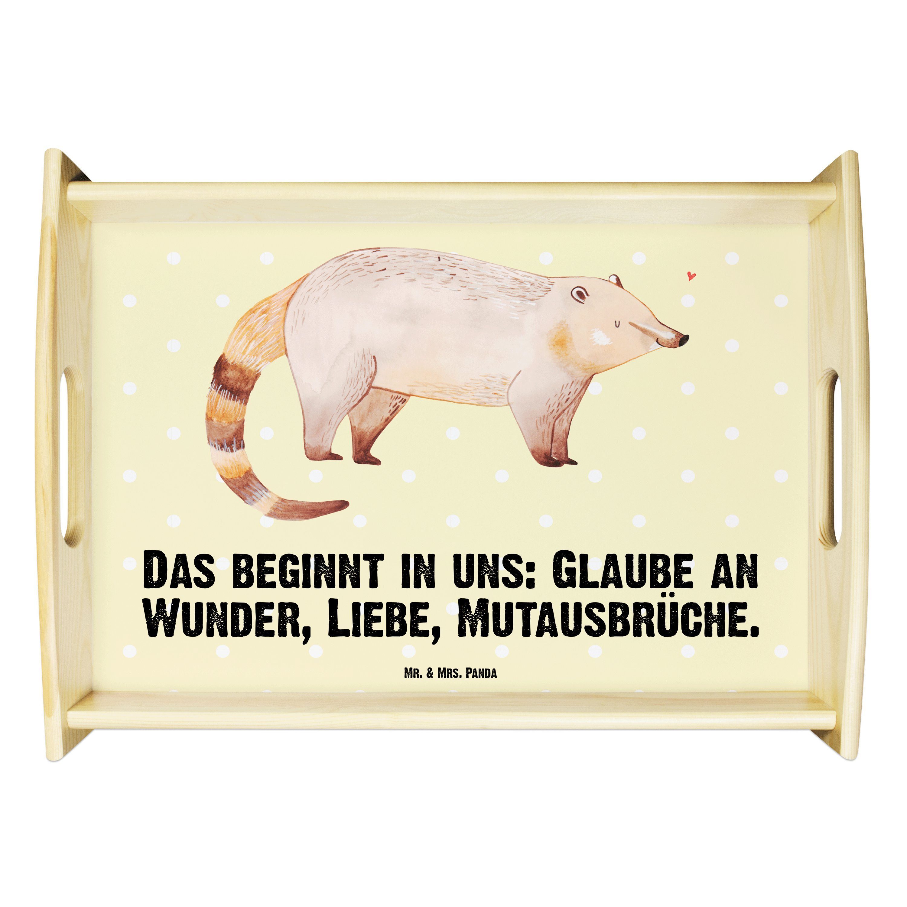 (1-tlg) Gute Mrs. & Pastell Geschenk, Tablett Nasenbaer Panda Gelb lasiert, Nasenbär, Echtholz - Mr. Laun, Dekotablett, -