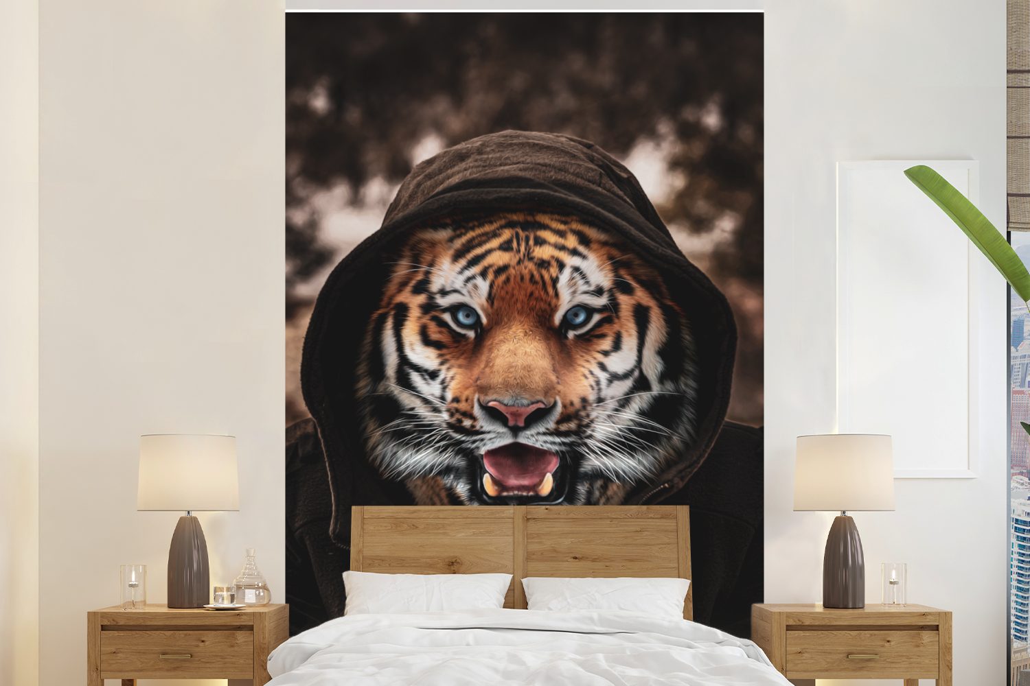 MuchoWow Fototapete Tiger mit Kapuze, Matt, bedruckt, (3 St), Montagefertig Vinyl Tapete für Wohnzimmer, Wandtapete | Fototapeten