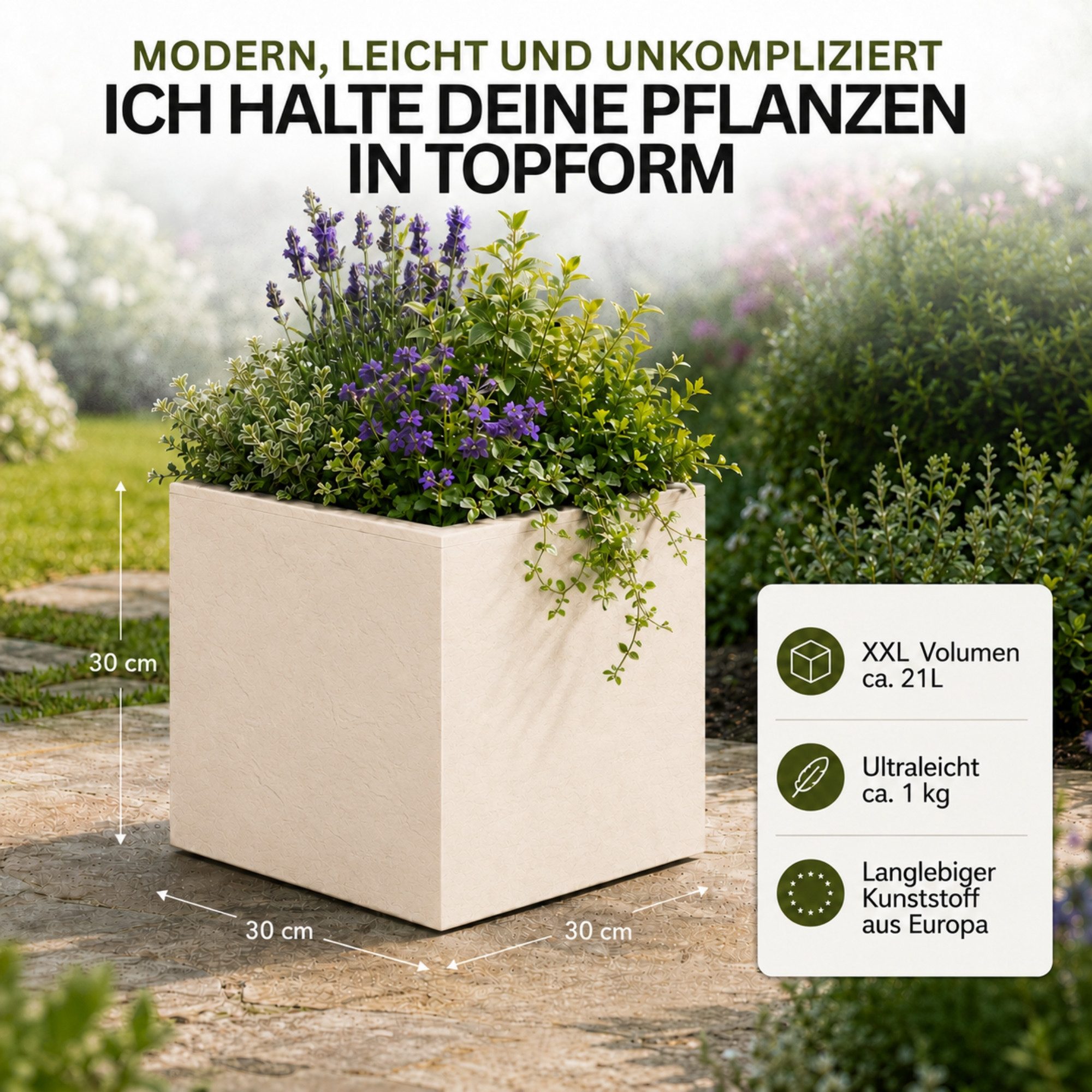 ONDIS24 Pflanzkübel Vulkan, 21L, Blumenkasten quadratisch, mit Wasserspeicher, robuster Kunststoff, UV - und witterungsbeständig