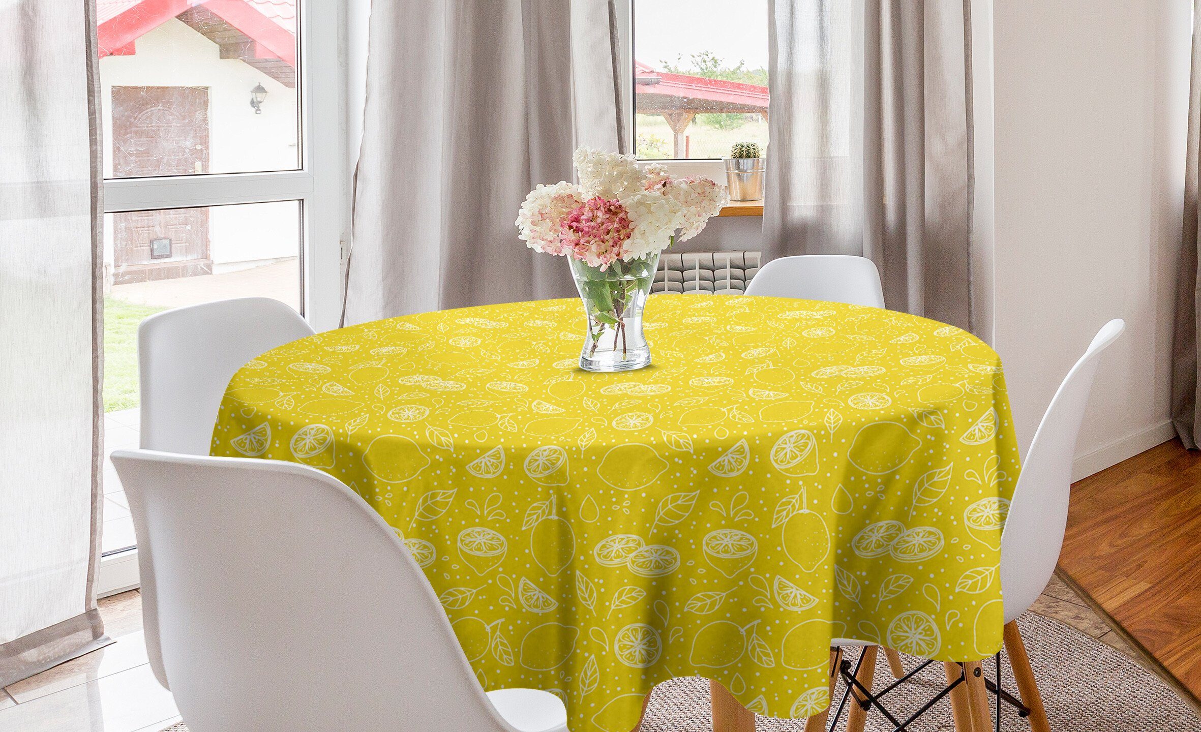 Abakuhaus Tischdecke Kreis Tischdecke Abdeckung für Esszimmer Küche Dekoration, Gelb und Weiß Juicy Zitronen