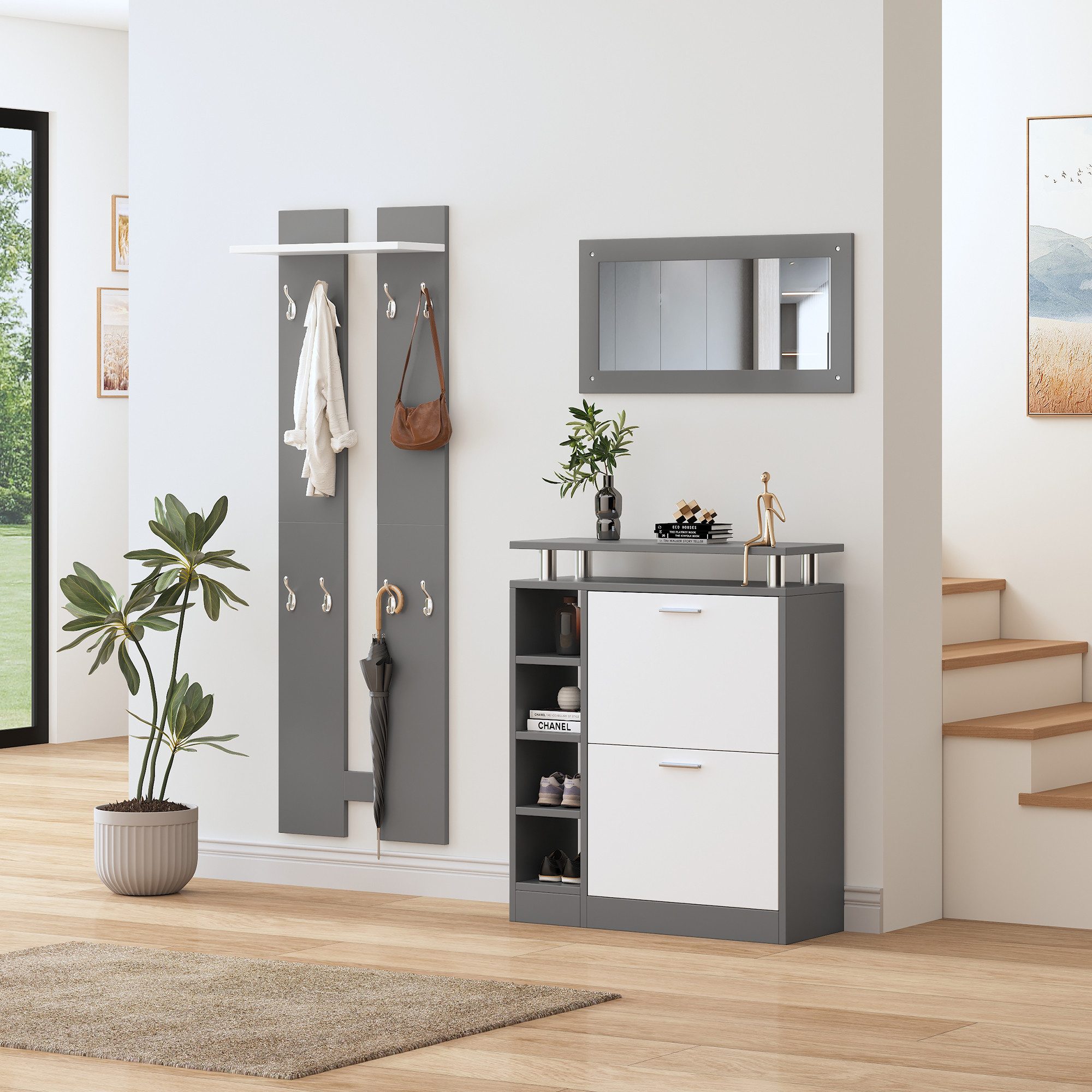 MODFU Garderoben-Set Wandgarderoben-Set, (Flurmöbel, 3-St., Spiegel, Regalwand, Schuhschrank), für Ihren Eingangsbereich
