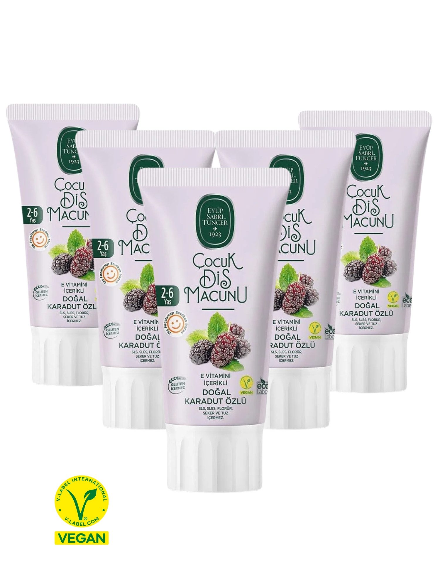 EYÜP SABRI TUNCER Zahnpasta Kinderzahnpasta – Schwarze Maulbeere & Acai, 2-6 J.- VEGAN, (5-St) Fluoridfrei, Ohne SLS&SLES, Ohne Zucker, Mit Stevia