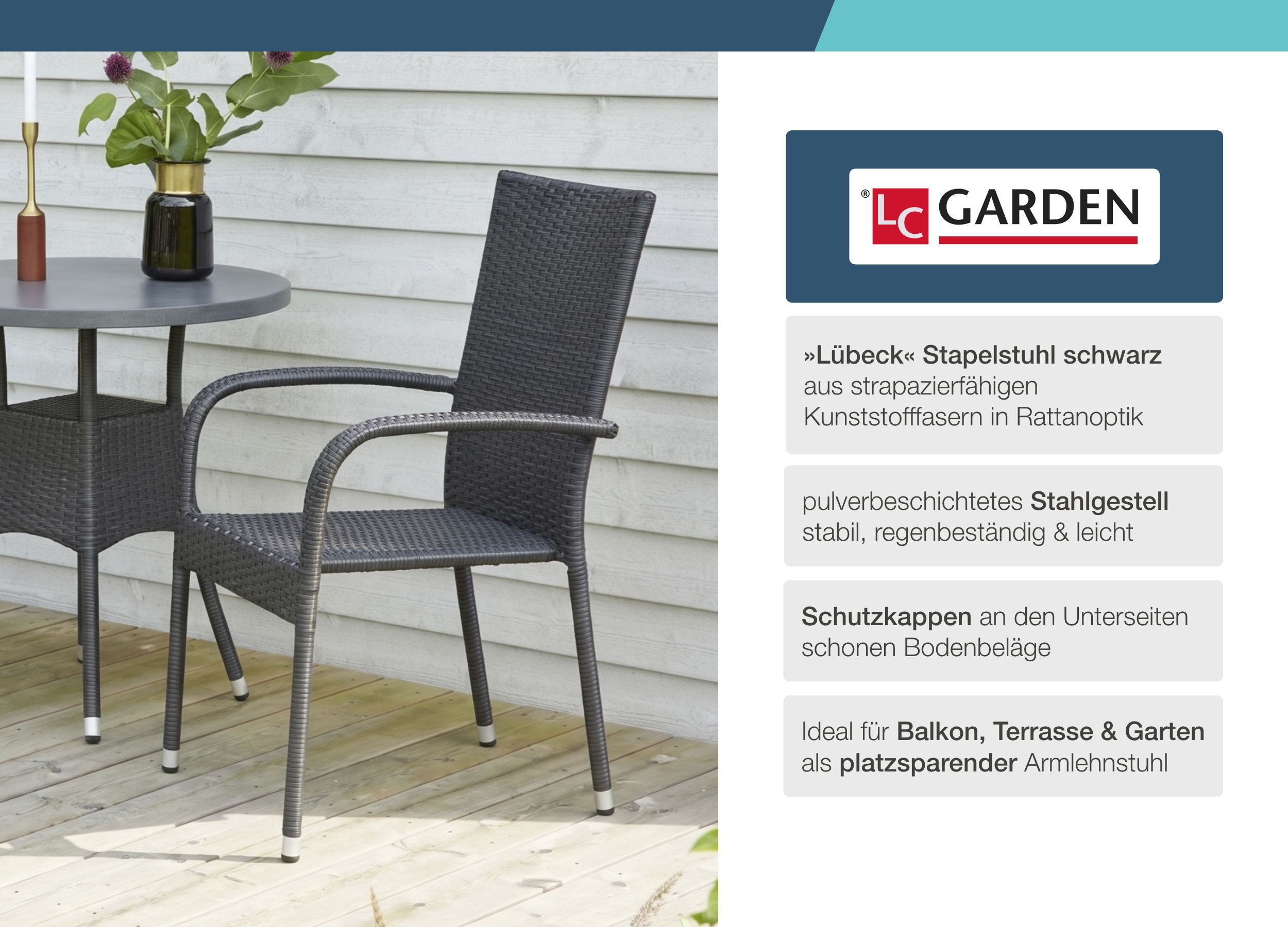 LC Garden Stapelstuhl LC Garden »Lübeck« 4er Set Stapelstuhl schwarz Armlehnstuhl