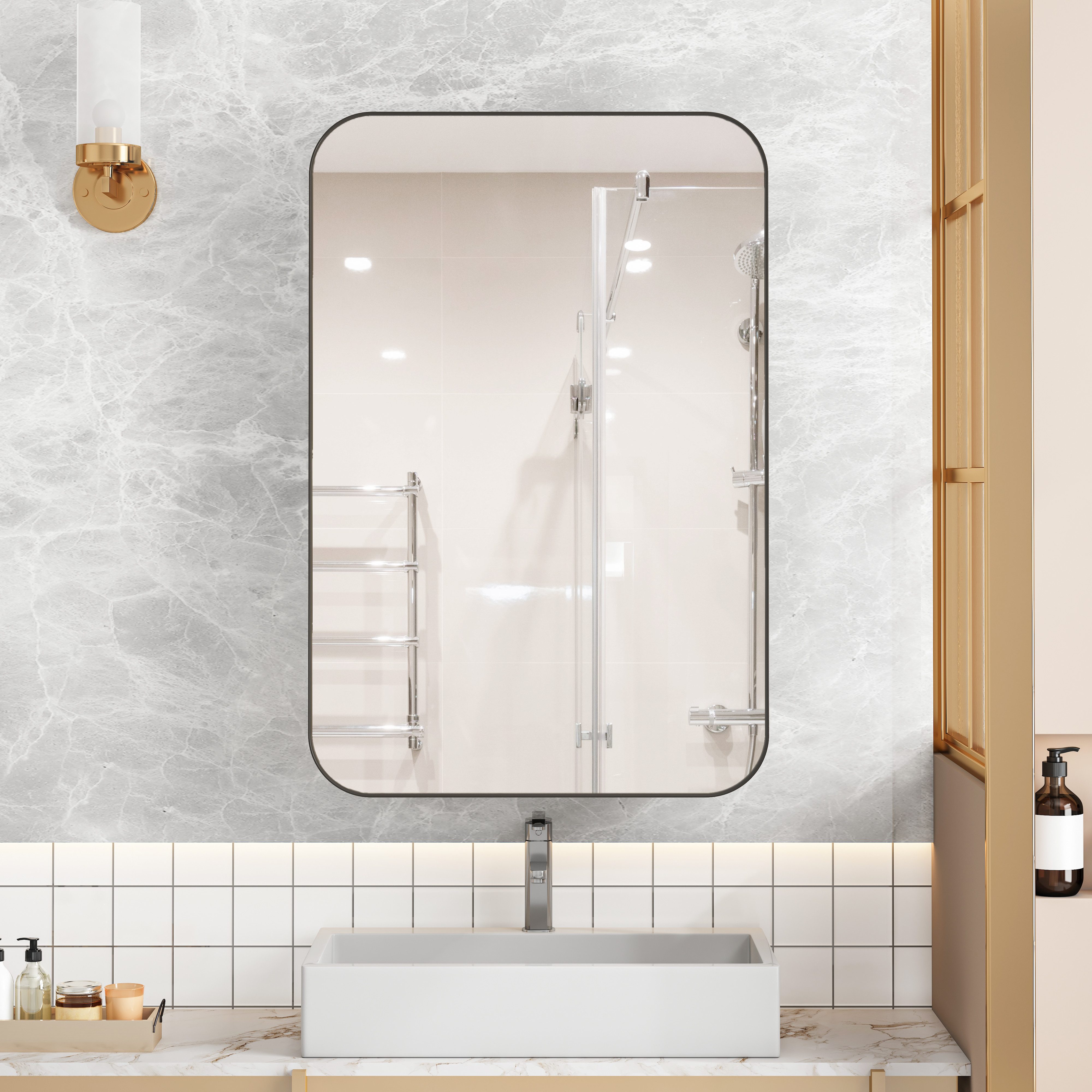 Celya Spiegelschrank Moderner Wand-Badezimmerschrank,Rechteckiger Spiegelschrank (für Bad, Wohnzimmer und Schlafzimmer, Spiegelschrank mit Stauraum) Metallrahmen-Schrank mit Spiegel & einstellbaren Shelves,Schwarz