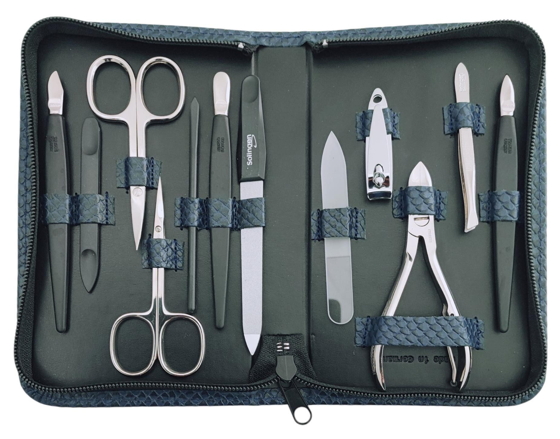 EloModa Maniküre-Kosmetik-Etui 12teiliges Solingen* Maniküre Set mit Leder-Etui Nagelpflege, Made in, 12 tlg., Made in Germany, Solinger Qualität, Echtleder-Etui, Gehärteter Stahl