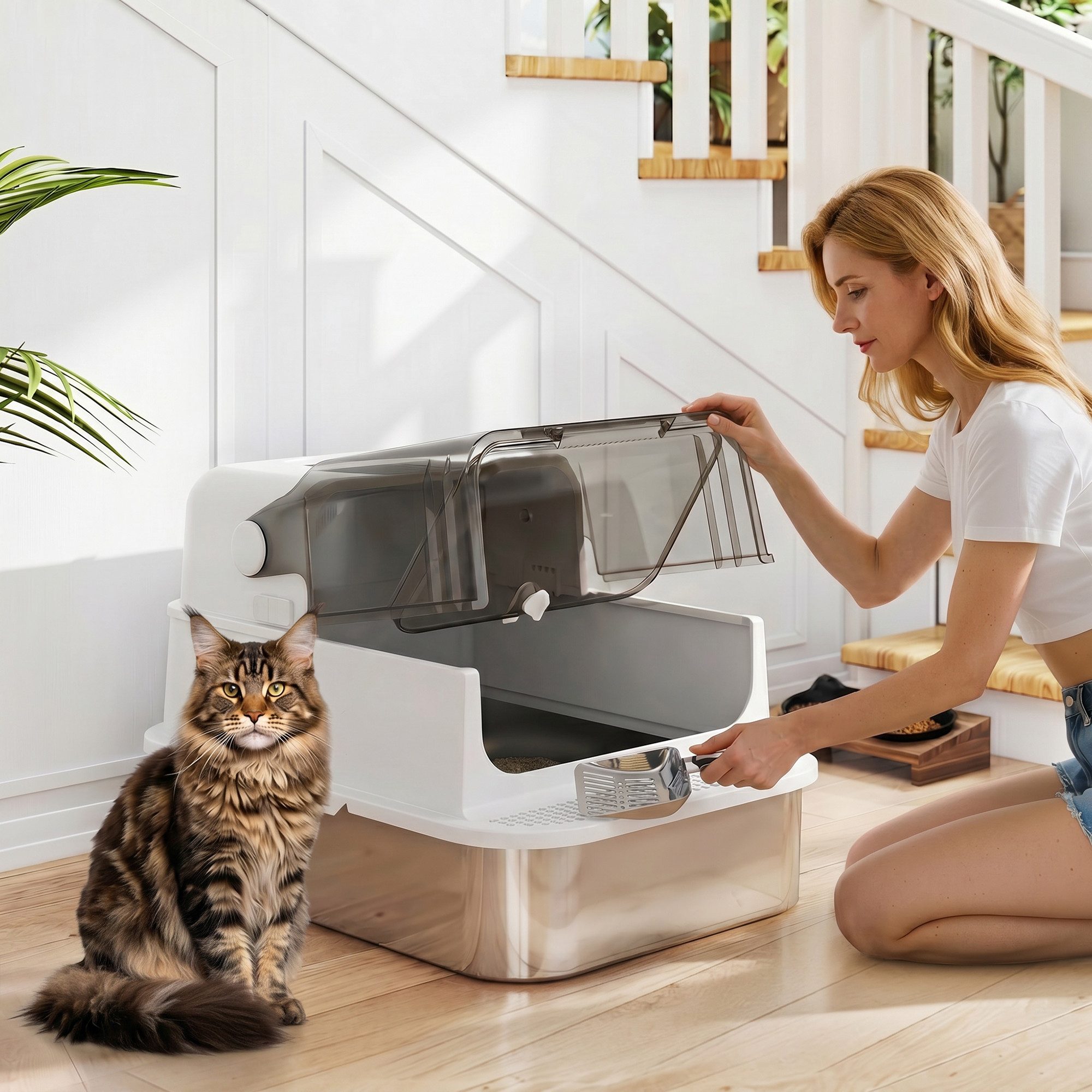 PawHut Katzentoilette Katzenklo Edelstahl mit Deckel XXL 52L für große Katzen und Mehrere, mit Doppeltüren Schaufel Pedal hoher Ränder Leicht zu Reinigen