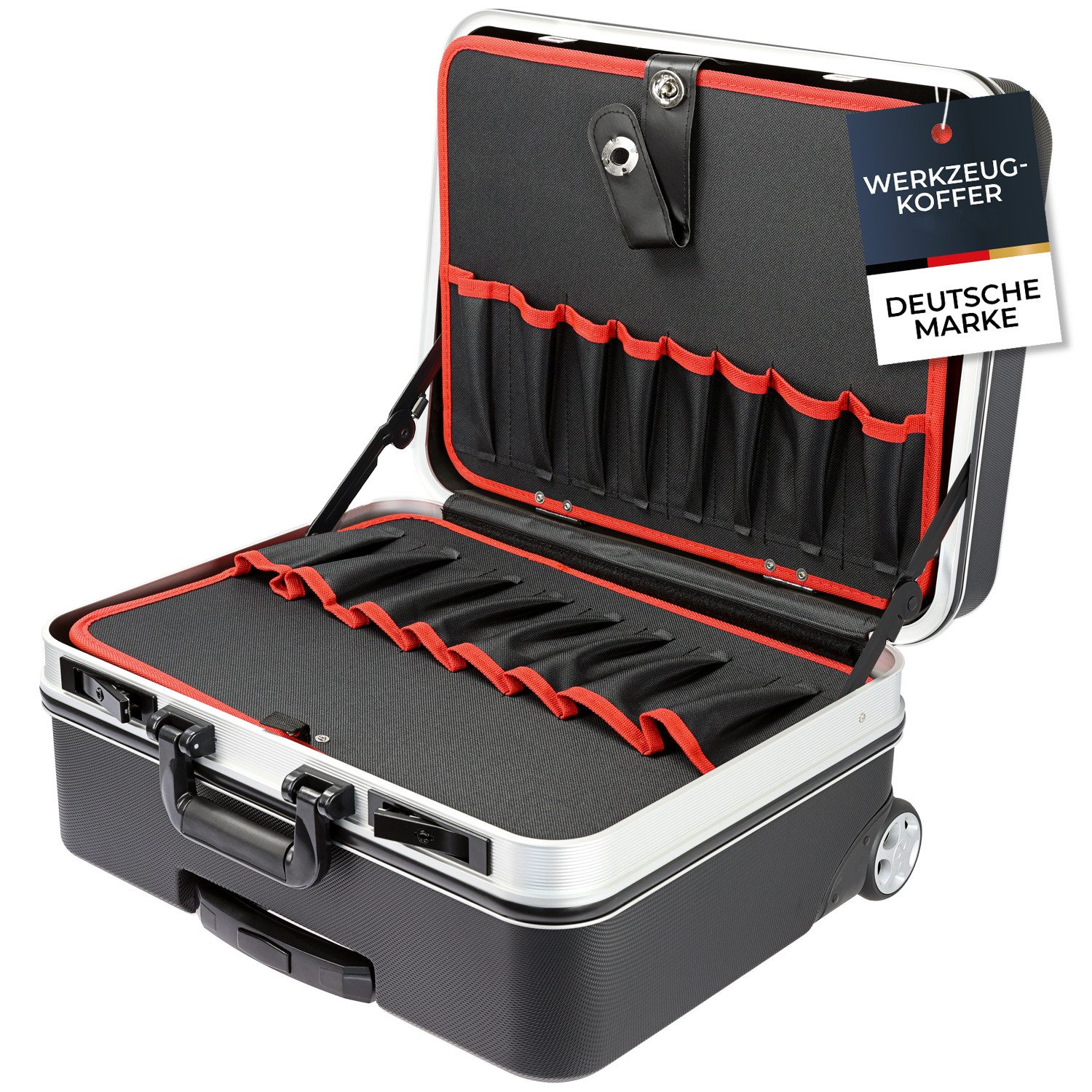 HMF Werkzeugkoffer Werkzeugtrolley leer aus ABS-Kunststoff mit Aluminiumrahmen, Werkzeugkiste mit Rollen & Teleskopgriff, abschließbar 47x40x24,5 cm