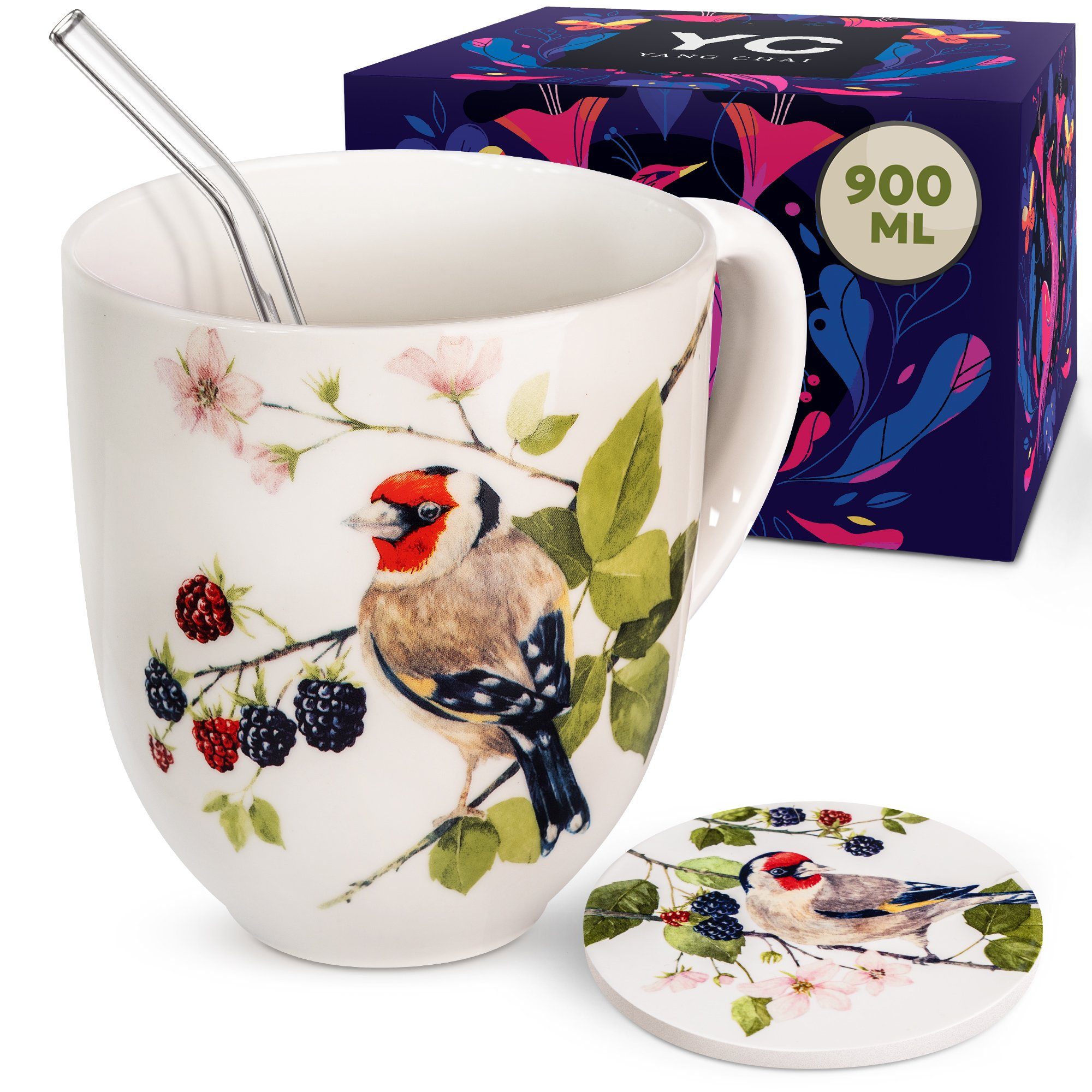 Tasse hochwertiges mit Teetasse, XXL Vogel Große Jumbotasse 900ml 4-teiliges Motiv Fassungsvermögen, Teeset Porzellan, mit Chai Yang