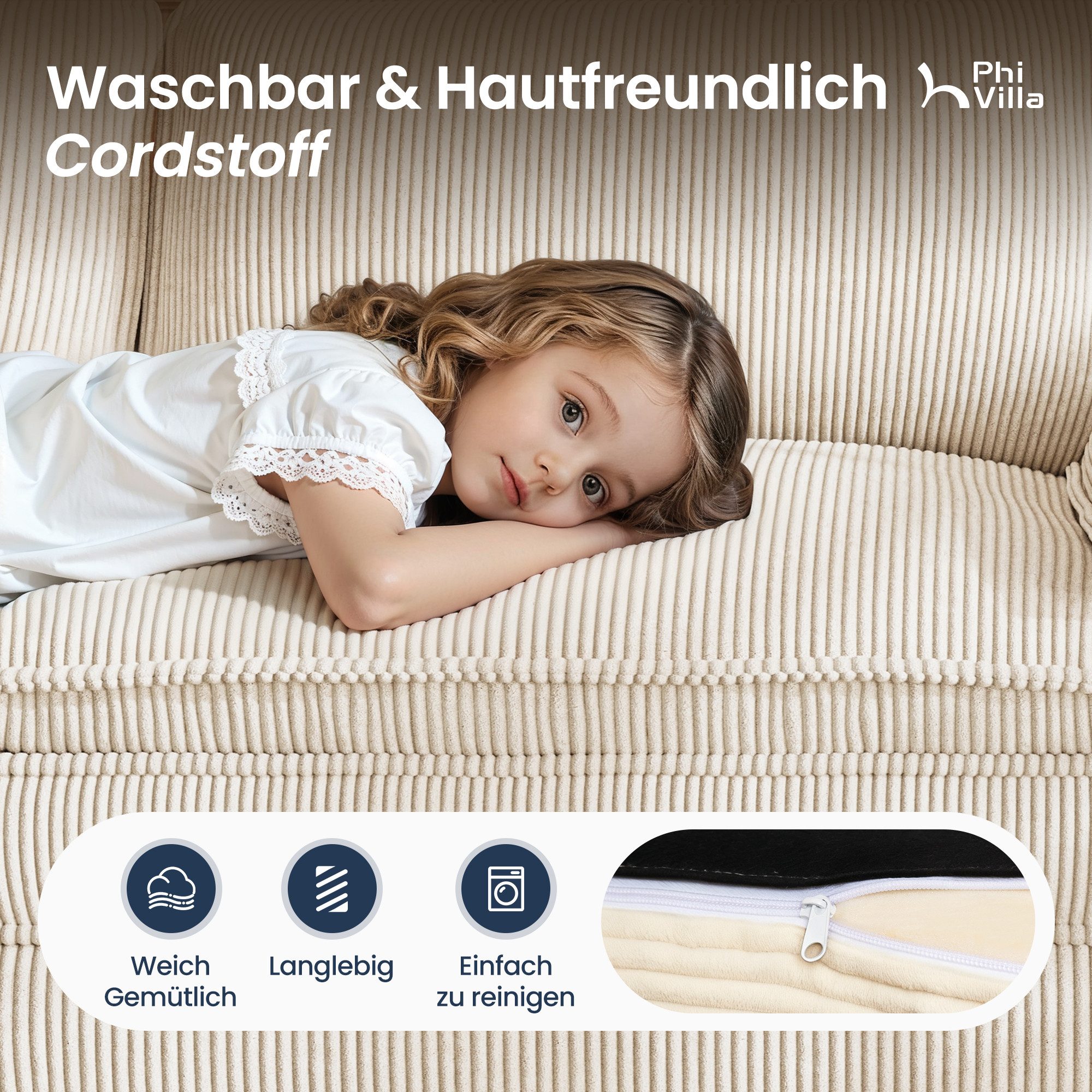PHI VILLA Ecksofa L-Form Couch, 4-6-Sitzer-Sofa, Modulare Sofas inklusive Zierkissen und Ottomane für das Wohnzimmer