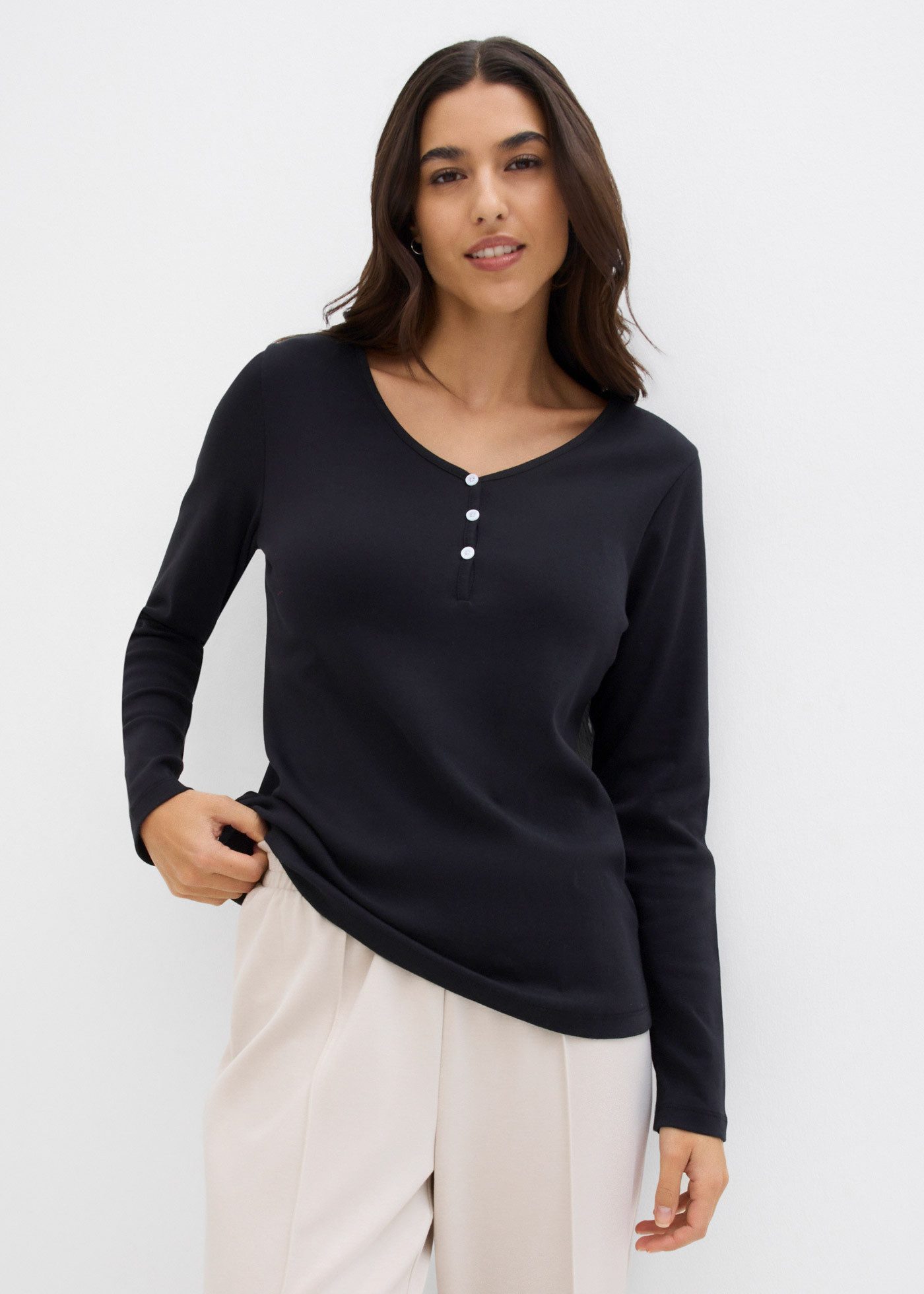 bonprix Langarmshirt (1-tlg) schmale Passform, Langarm, mit kurzer Knopfleiste im Henley-Stil