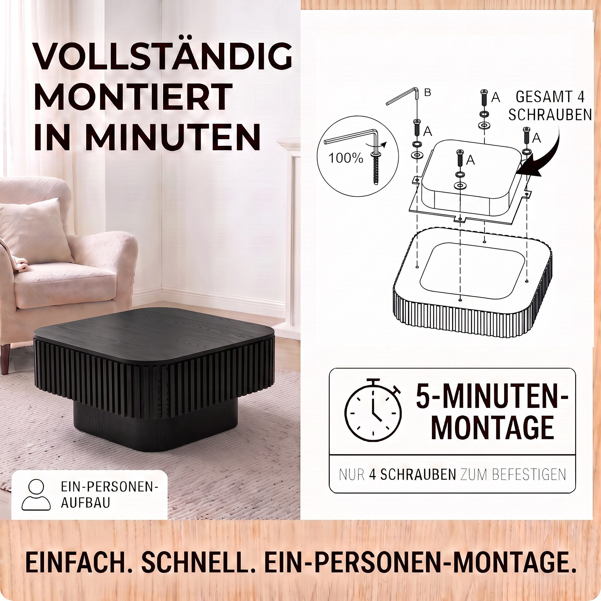 Celya Couchtisch Quadratischer Cocktailtisch mit verstecktem Stauraum (aus furniertem Massivholz, einfache Montage in 5 Minuten) – Bild 3 von 5