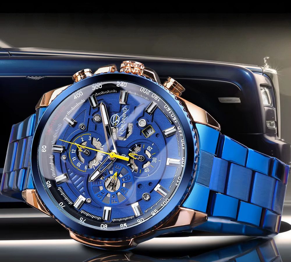 Rötting Design Automatikuhr Herrenuhr Armbanduhr Marke Forsining blaues Ziffernblatt, Edelstahl, Datum Wochentag Monats Anzeige