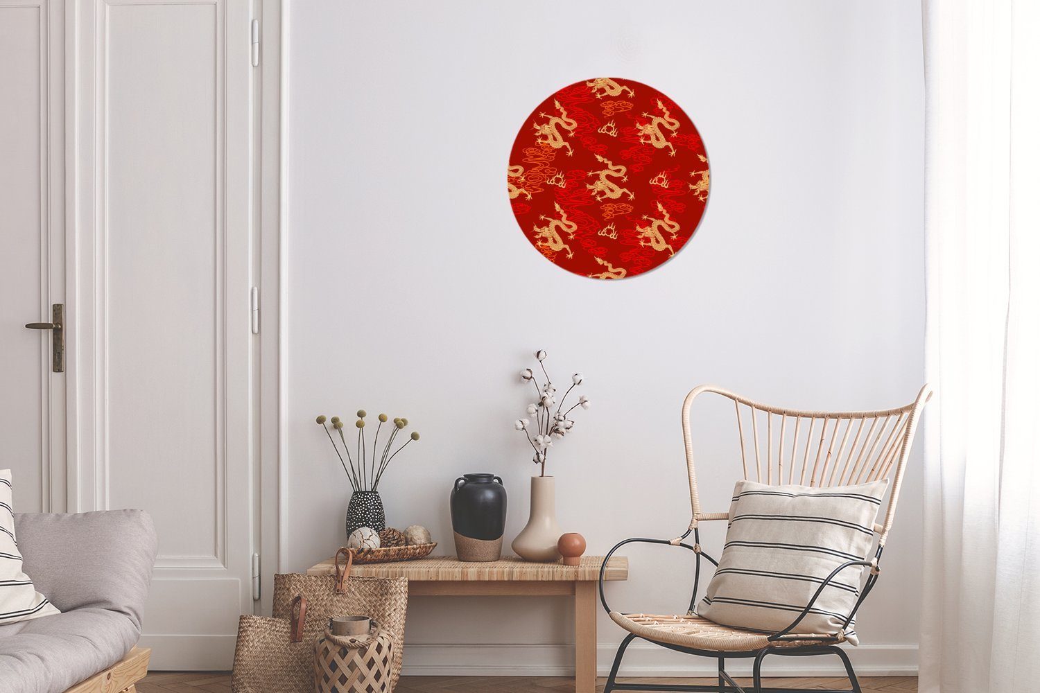 MuchoWow Gemälde Orientalisches Drachen Forex, Wanddekoration Wandbild, Muster Hintergrund, rotem Chinesische 30x30 Wohnzimmer, St), auf cm Rundes (1 Kreis