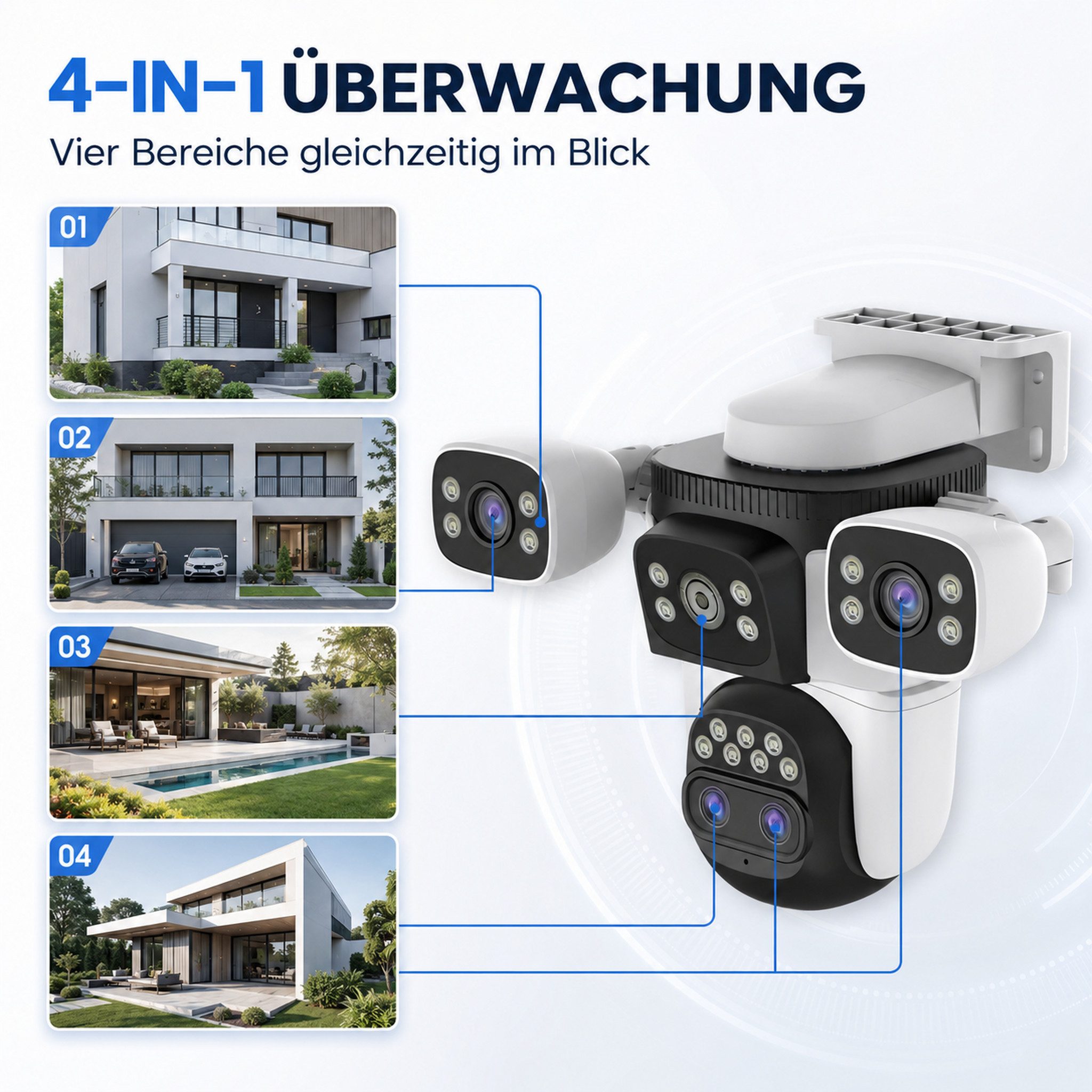 HS.SUPPLY IP-Überwachungskamera Sicherheitskamera 4 Objektive, Nachtsicht & Bewegungserkennung (Outdoor, Indoor, Komplett-Set, Spotlight-Kamera mit 4 individuel – Bild 2 von 5