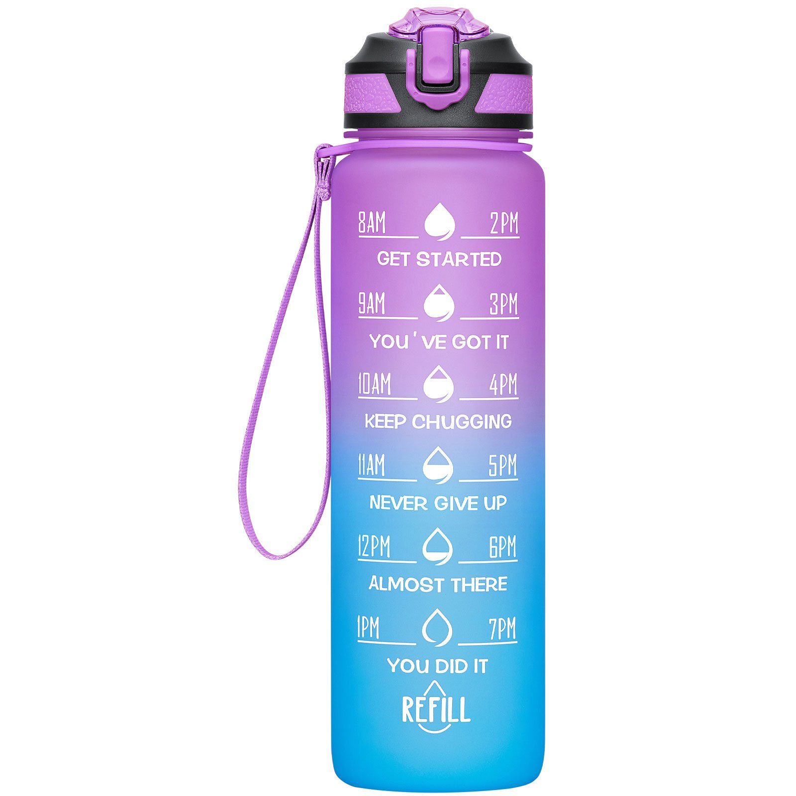 Outdoor Strohhalm Helllila/Hellblau Sportflasche OKWISH Wasserflasche Liter BPA-Frei Fahrrad Camping Wandern und Zeitmarkierung Trinkflasche 1 Sport Auslaufsicher Fitness 1L,