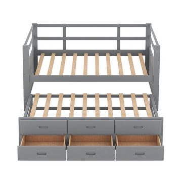 SOFTWEARY Einzelbett Holzbett mit 2. Schlafgelegenheit, Lattenrost und 3 Schubladen (90x200 cm), aus Kieferholz