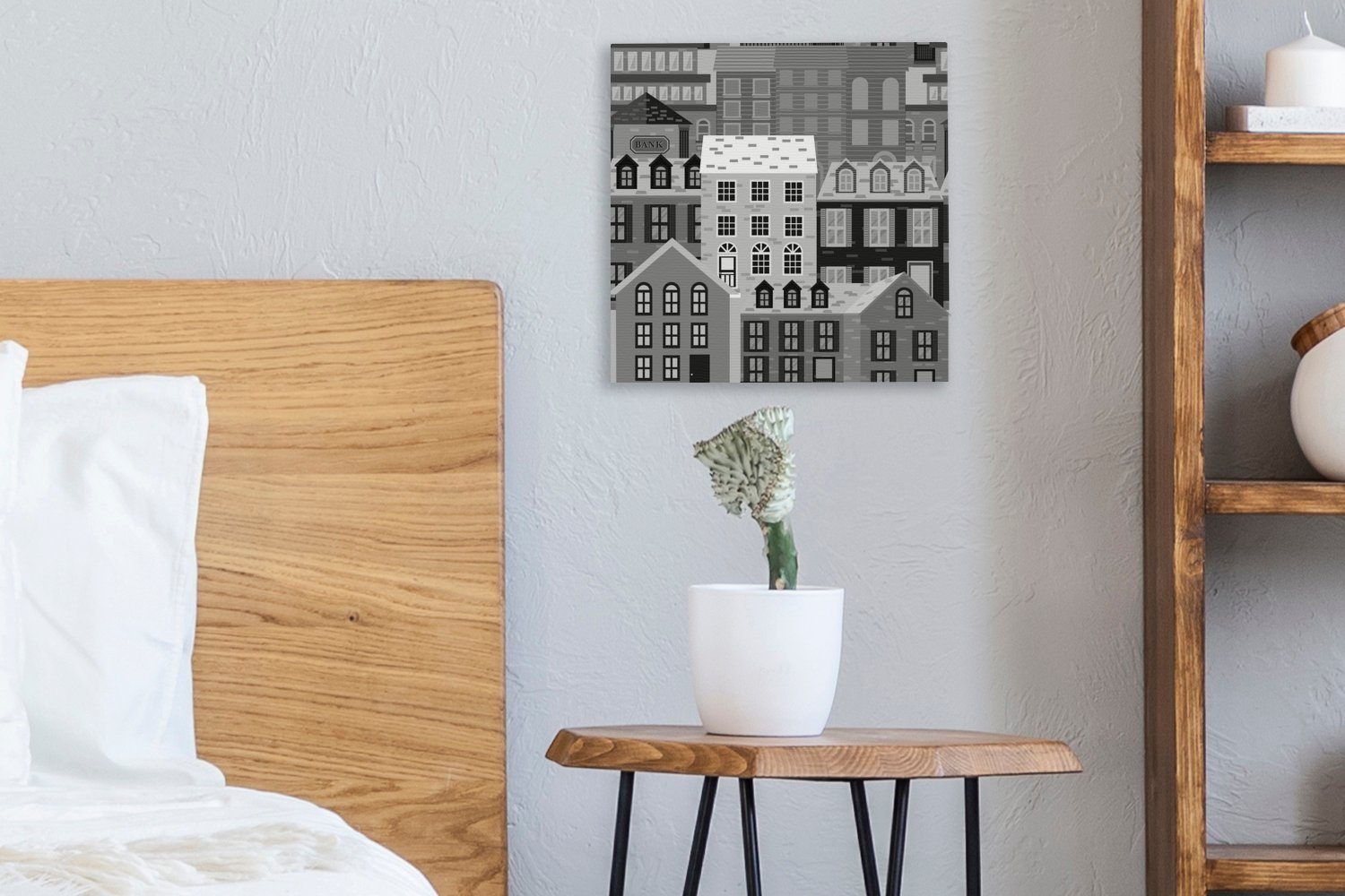 Leinwand der weiß, Muster (1 Häuser Schlafzimmer Leinwandbild der St), und - Wohnzimmer OneMillionCanvasses® für schwarz Stadt in Bilder